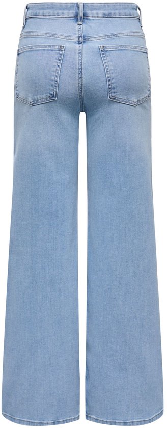 Achterkant van een lichtblauwe jeans met hoge taille, wijde pijpen en twee functionele achterzakken.