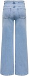 Achterkant van een lichtblauwe jeans met hoge taille, wijde pijpen en twee functionele achterzakken.