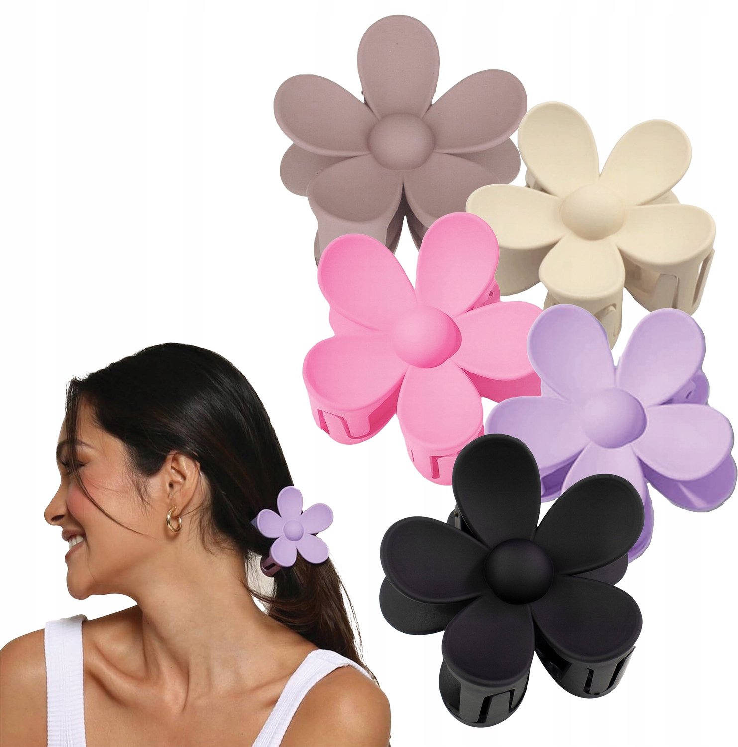 Set van 5 Mat Zwarte Bloem Haarklemmen - Grote Klemmen