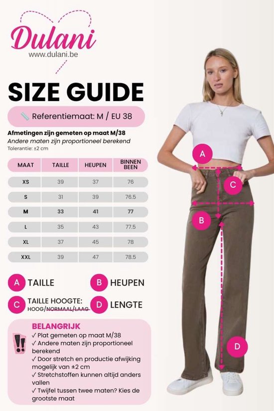 Maattabel voor taupe straight-fit jeans met aanduidingen voor taille, heupen en lengte op een model.