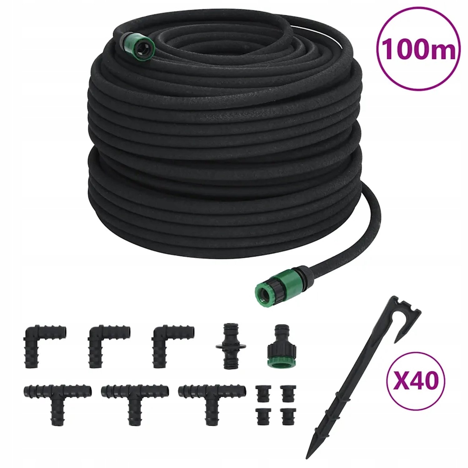 100m Zwarte Tuinslang - Rubber, Inclusief Accessoires