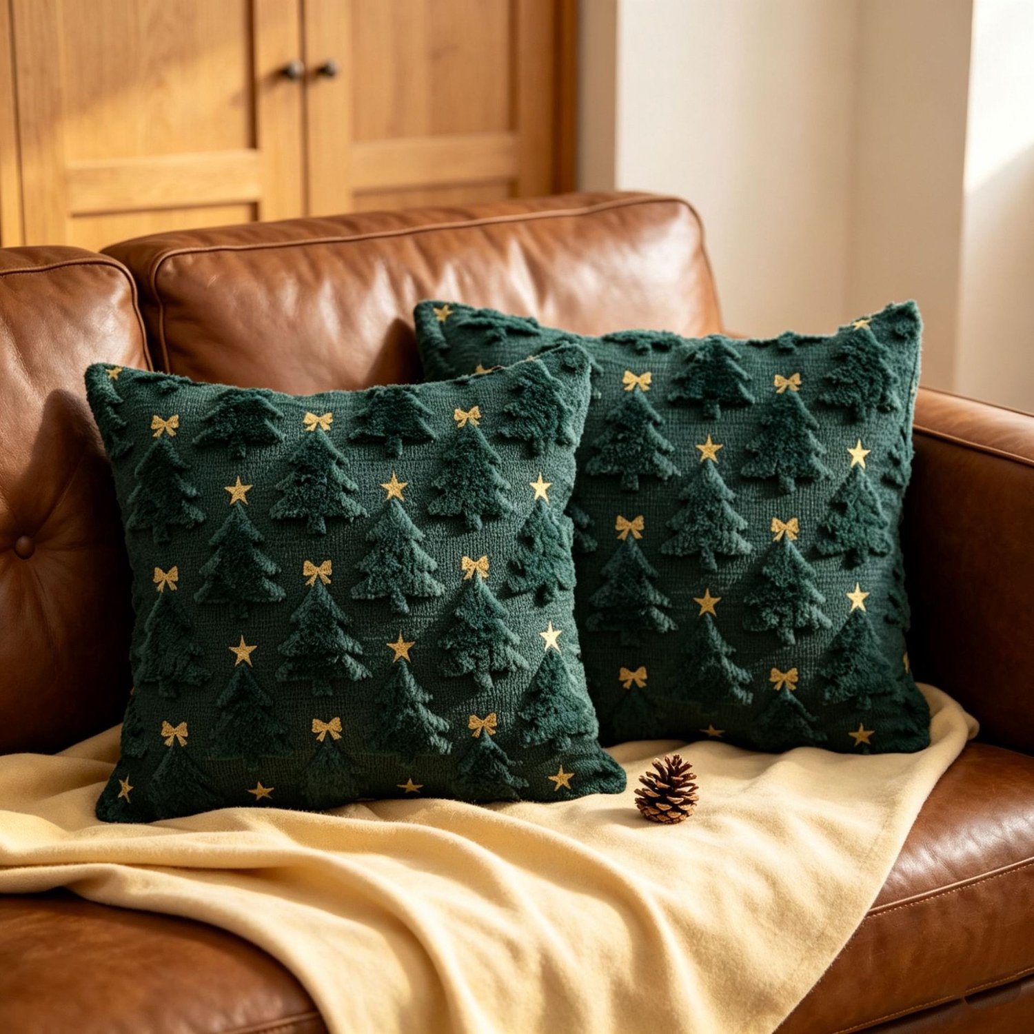 FLITI Kerst Kussenhoes - Geborduurde Sierkussens met Kerstboom Design - Zachte Kerstdecoratie voor Bank en Woonkamer - Zonder Binnenkussen - 45x45 cm - Groen - Set van 2