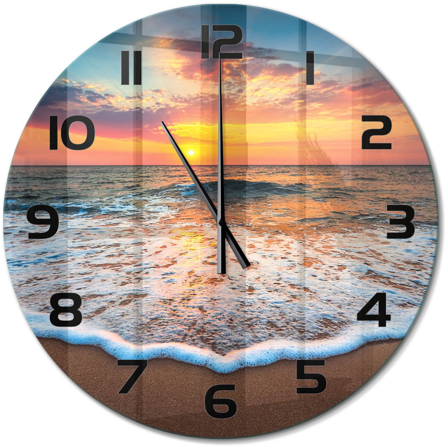 TULUP Wandklok - Zonsondergang op zee Glazen Wandklok Design - fi60 cm - Oranje Klok Glas Met Opdruk - Zwarte handen - Ronde Klok - Wandklok Glas Met Motief - Decoratieve Glazen Klok
