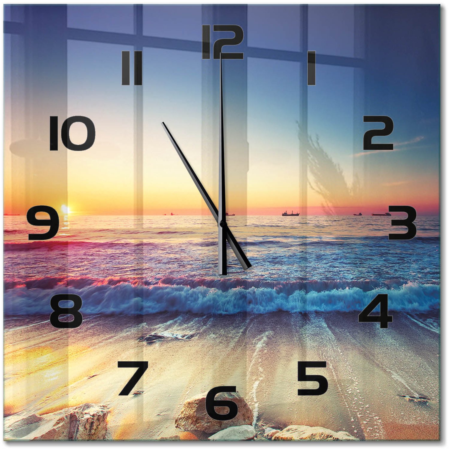 TULUP Wandklok - Zonsopgang boven de zee Wandklok Glas Met Motief - 60x60 cm - Oranje Decoratieve Glazen Klok - Zwarte handen - Vierkante Klok - Gekleurde Glazen Klok - Glazen Klok Met Print