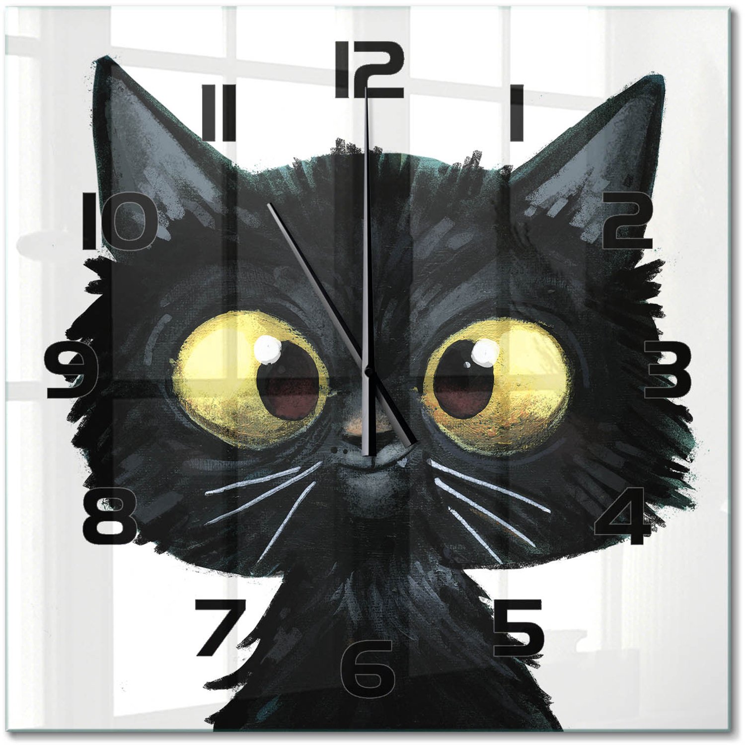 TULUP Wandklok - Kattenillustratie Moderne Wandklok Glas - 60x60 cm - zwart Wandklok Glas Decoratie - Zwarte handen - Vierkante Klok - Glazen Wandklok Design - Klok Glas Met Opdruk