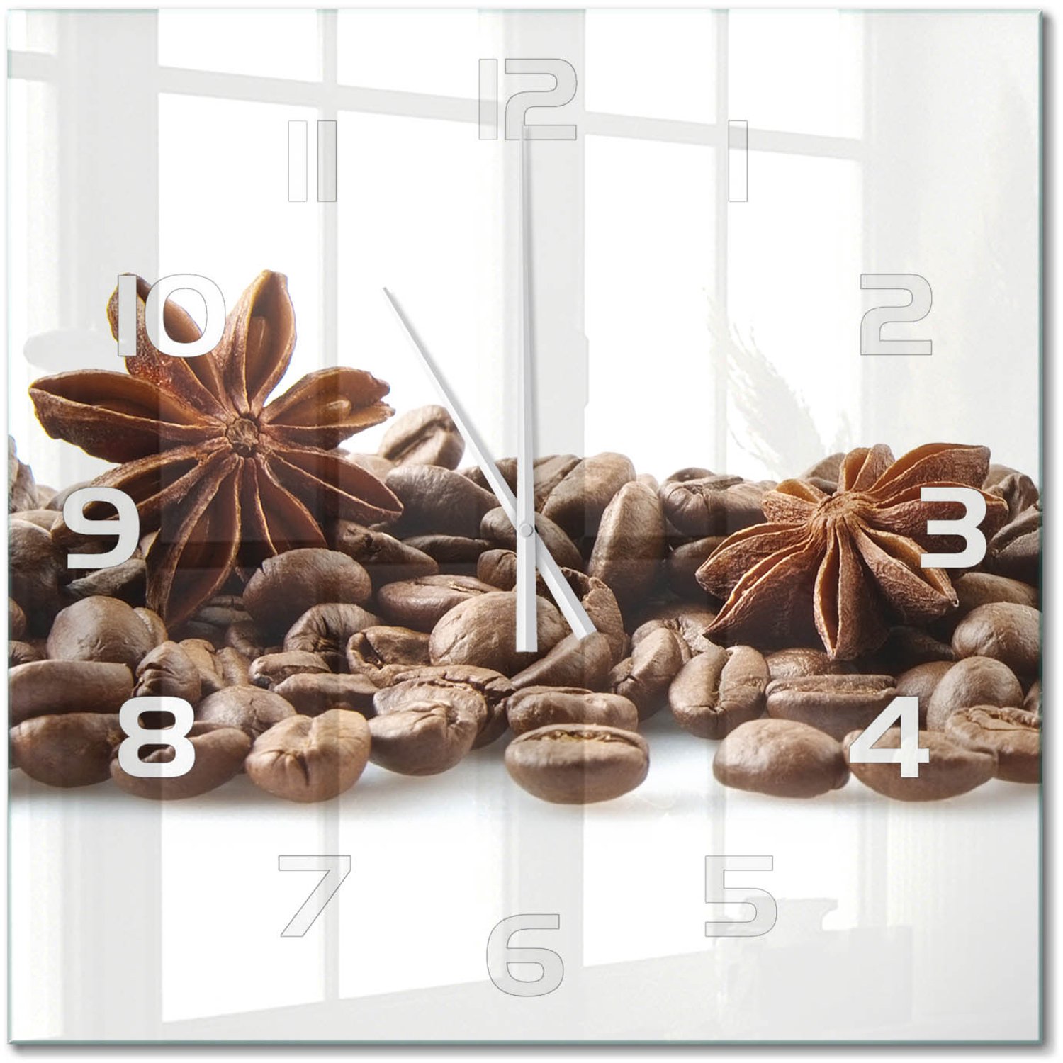 TULUP Wandklok - Kaneelkorrels Decoratieve Glazen Klok - 60x60 cm - Bruin Glazen Wandklok Design - Witte handen - Vierkante Klok - Glazen Klok Met Print - Wandklok Glas Met Motief