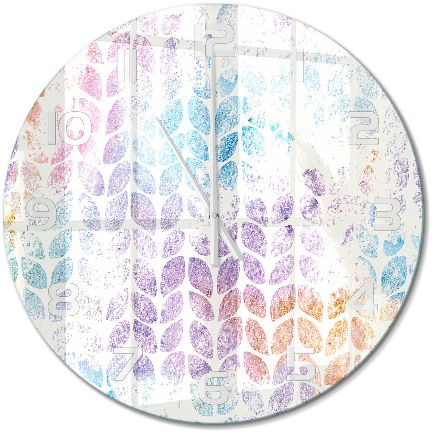 TULUP Wandklok - Kleurrijke bladeren Klok Glas Met Opdruk - fi60 cm - Veelkleurig Moderne Wandklok Glas - Witte handen - Ronde Klok - Decoratieve Glazen Klok - Glazen Wandklok Design