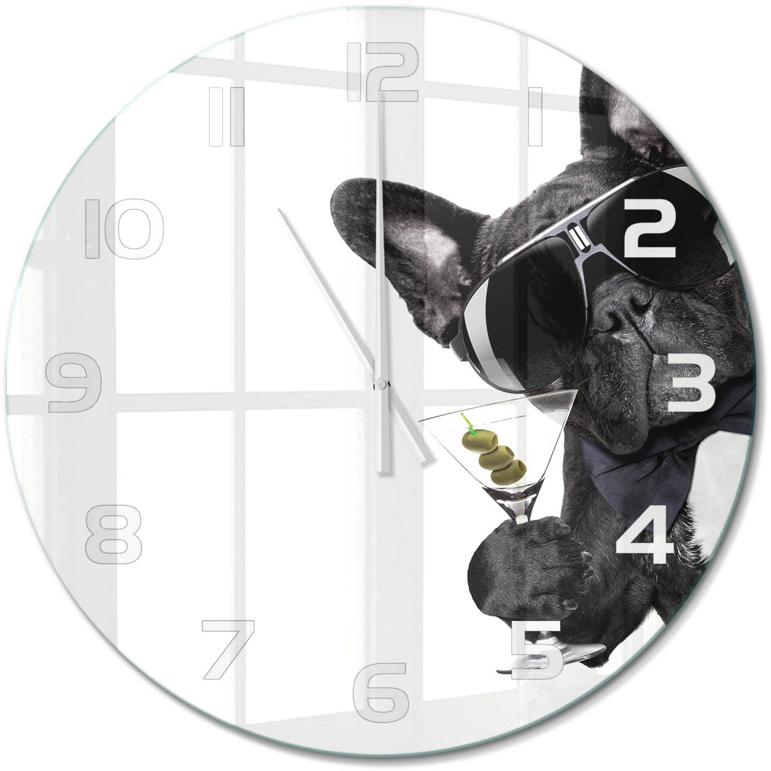 TULUP Wandklok - Martini Dog Glazen Wandklok Design - fi60 cm - Zwart Klok Glas Met Opdruk - Witte handen - Ronde Klok - Wandklok Glas Met Motief - Decoratieve Glazen Klok
