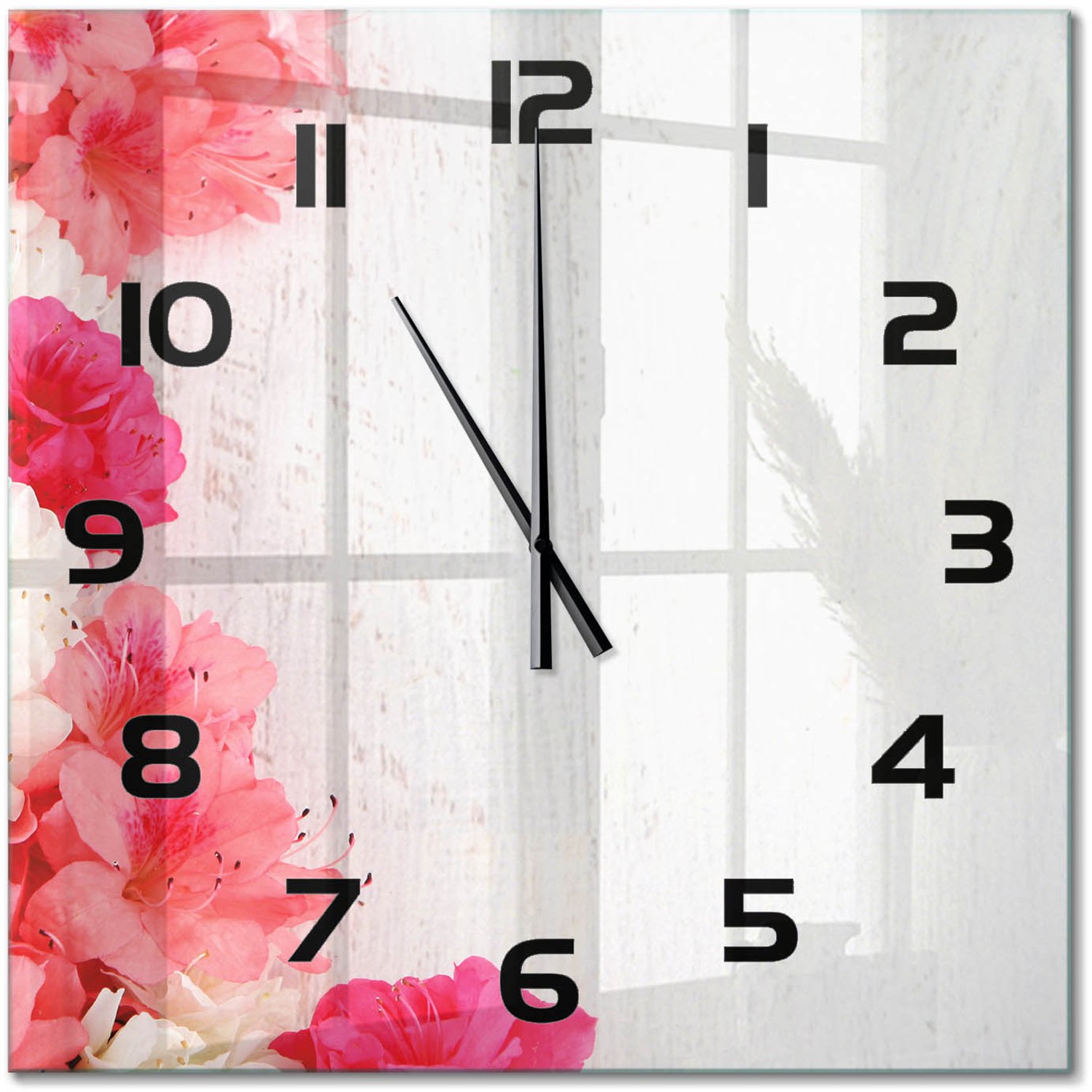 TULUP Wandklok - Bloemen Klok Glas Met Opdruk - 60x60 cm - Roze Moderne Wandklok Glas - Zwarte handen - Vierkante Klok - Decoratieve Glazen Klok - Glazen Wandklok Design