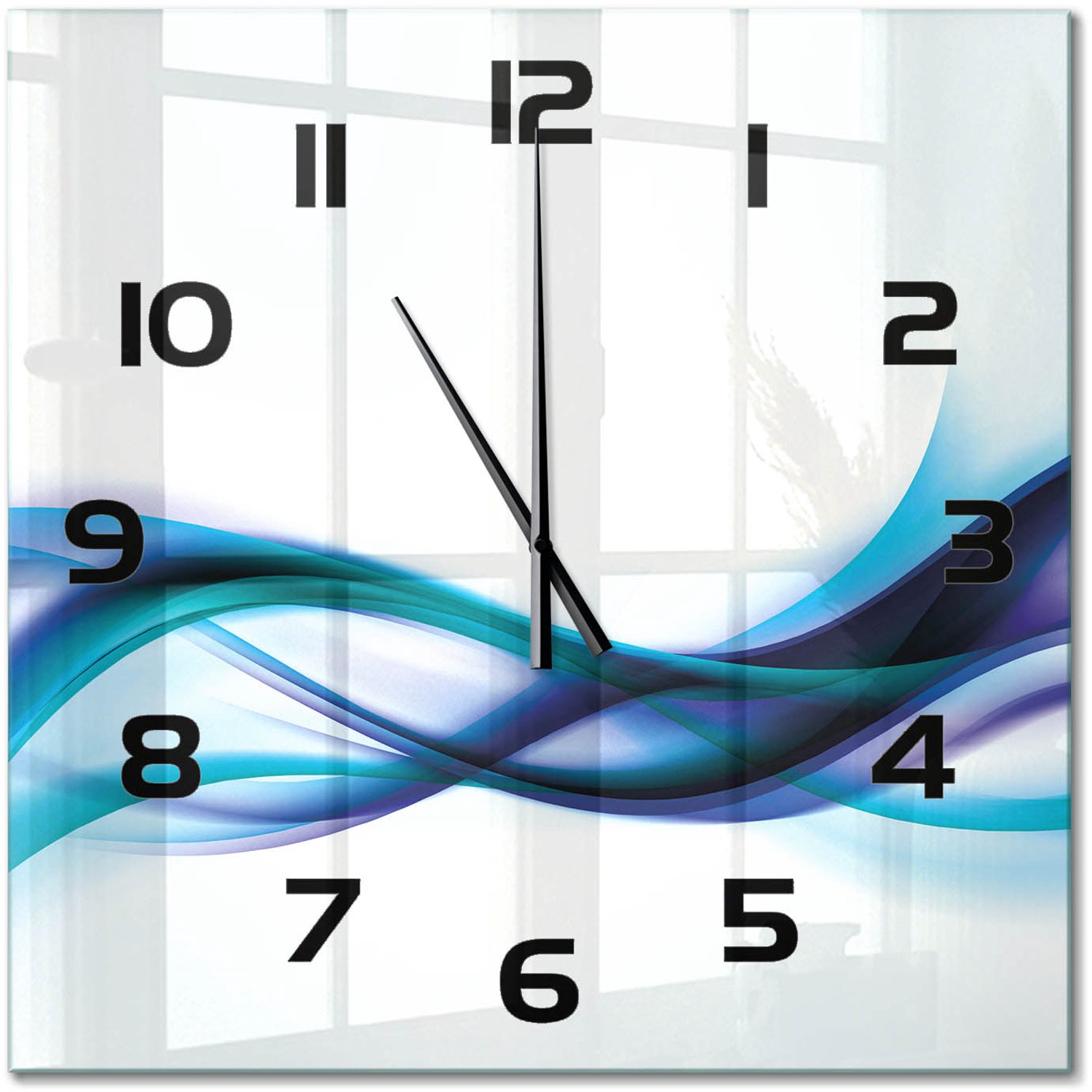 TULUP Wandklok - Golfabstractie Klok Glas Met Opdruk - 60x60 cm - Blauw Moderne Wandklok Glas - Zwarte handen - Vierkante Klok - Decoratieve Glazen Klok - Glazen Wandklok Design