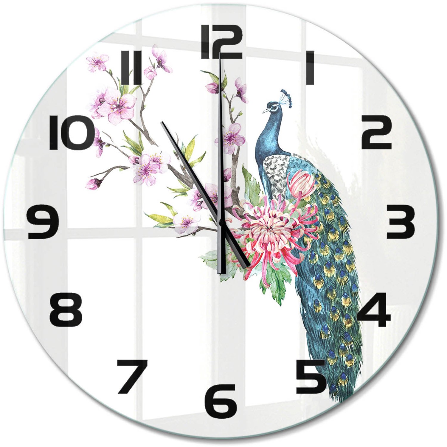 TULUP Wandklok - Pauw en bloemen Moderne Wandklok Glas - fi60 cm - Veelkleurig Wandklok Glas Decoratie - Zwarte handen - Ronde Klok - Glazen Wandklok Design - Klok Glas Met Opdruk