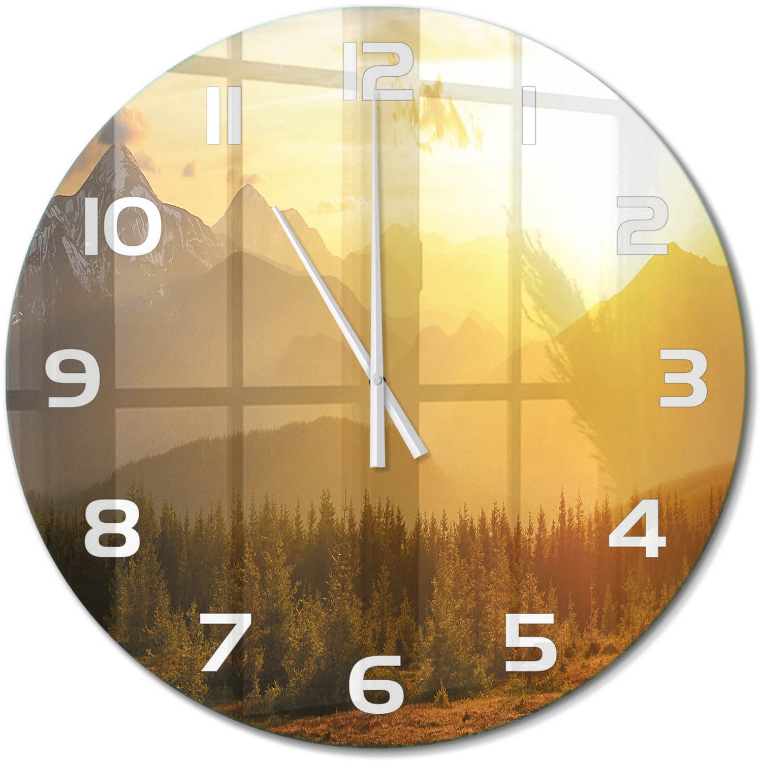 TULUP Wandklok - Bergen bij zonsondergang Decoratieve Glazen Klok - fi60 cm - Geel Glazen Wandklok Design - Witte handen - Ronde Klok - Glazen Klok Met Print - Wandklok Glas Met Motief