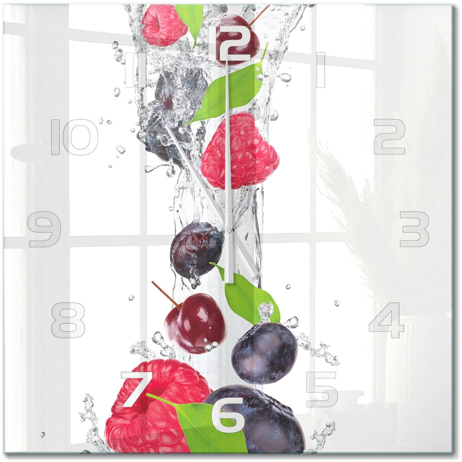 TULUP Wandklok - Fruit en water Glazen Klok Met Print - 60x60 cm - Veelkleurig Wandklok Glas Met Motief - Witte handen - Vierkante Klok - Wandklok Glas Decoratie - Gekleurde Glazen Klok