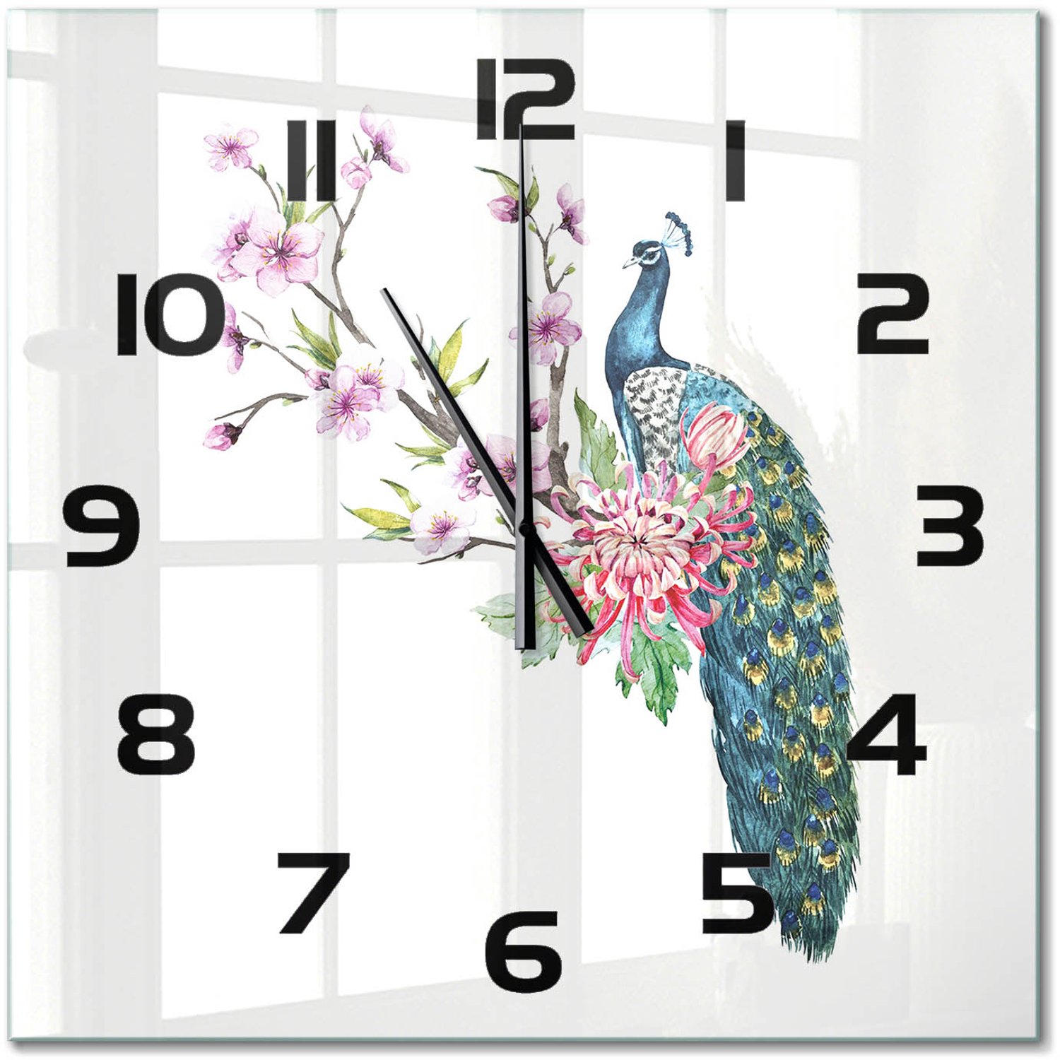 TULUP Wandklok - Pauw en bloemen Wandklok Glas Met Motief - 60x60 cm - Veelkleurig Decoratieve Glazen Klok - Zwarte handen - Vierkante Klok - Gekleurde Glazen Klok - Glazen Klok Met Print