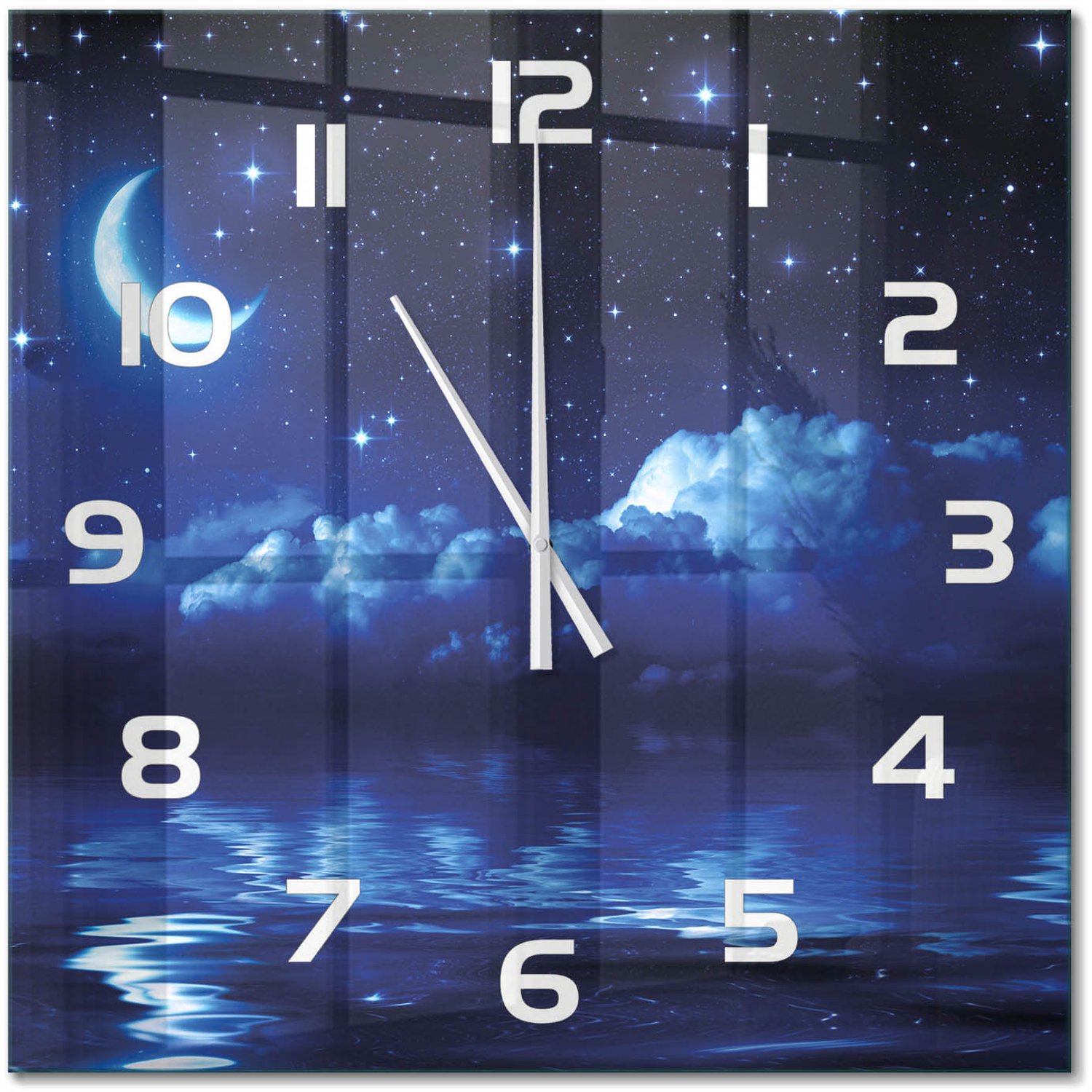 TULUP Wandklok - De nachtelijke hemel Glazen Wandklok Design - 60x60 cm - Blauw Klok Glas Met Opdruk - Witte handen - Vierkante Klok - Wandklok Glas Met Motief - Decoratieve Glazen Klok