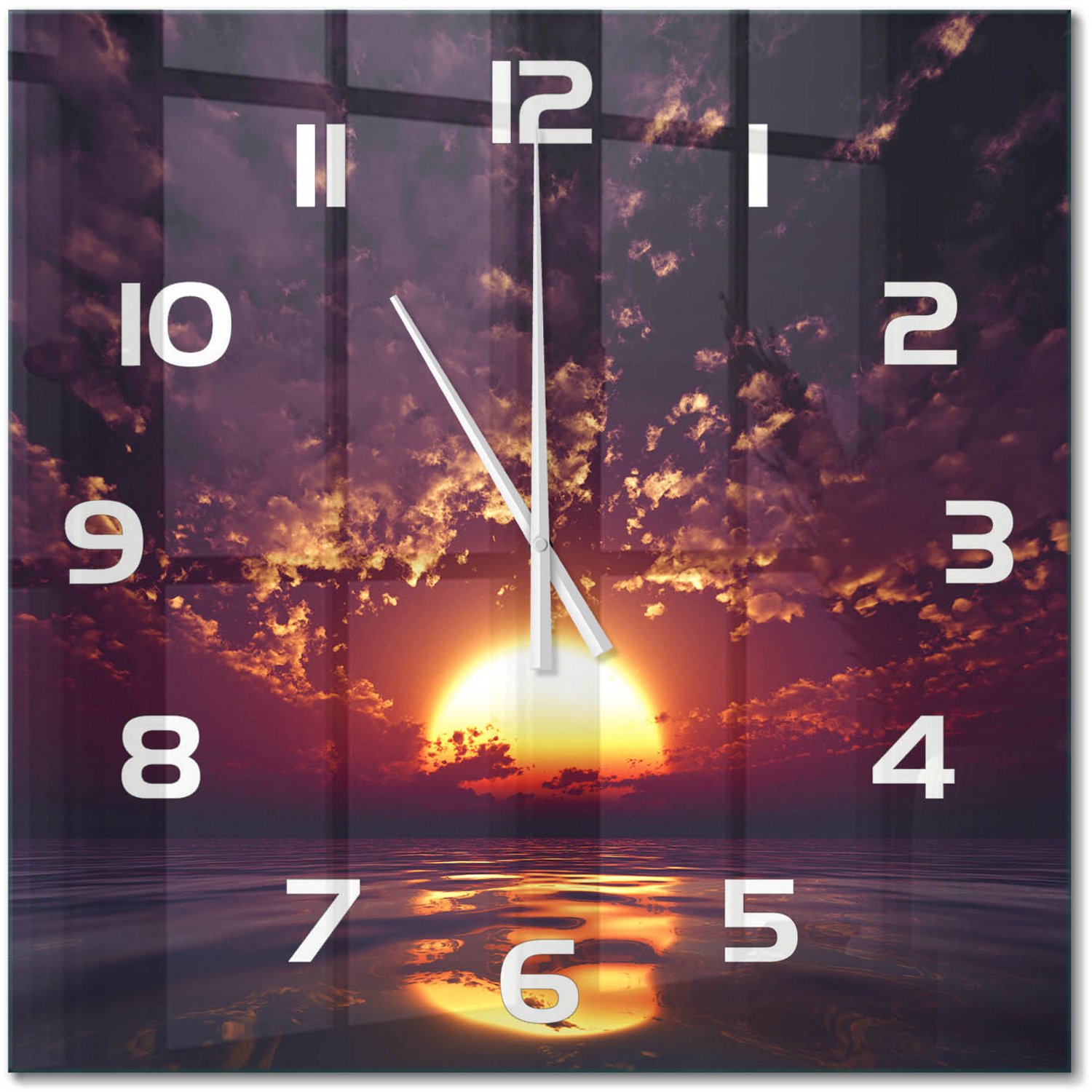 TULUP Wandklok - Zonsondergang Klok Glas Met Opdruk - 60x60 cm - Geel Moderne Wandklok Glas - Witte handen - Vierkante Klok - Decoratieve Glazen Klok - Glazen Wandklok Design