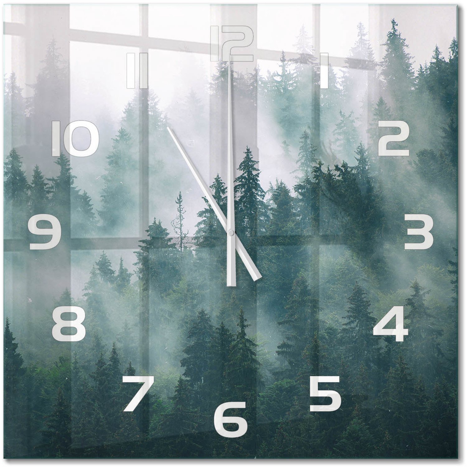 TULUP Wandklok - Mist boven het bos Wandklok Glas Met Motief - 60x60 cm - Grijs Decoratieve Glazen Klok - Witte handen - Vierkante Klok - Gekleurde Glazen Klok - Glazen Klok Met Print