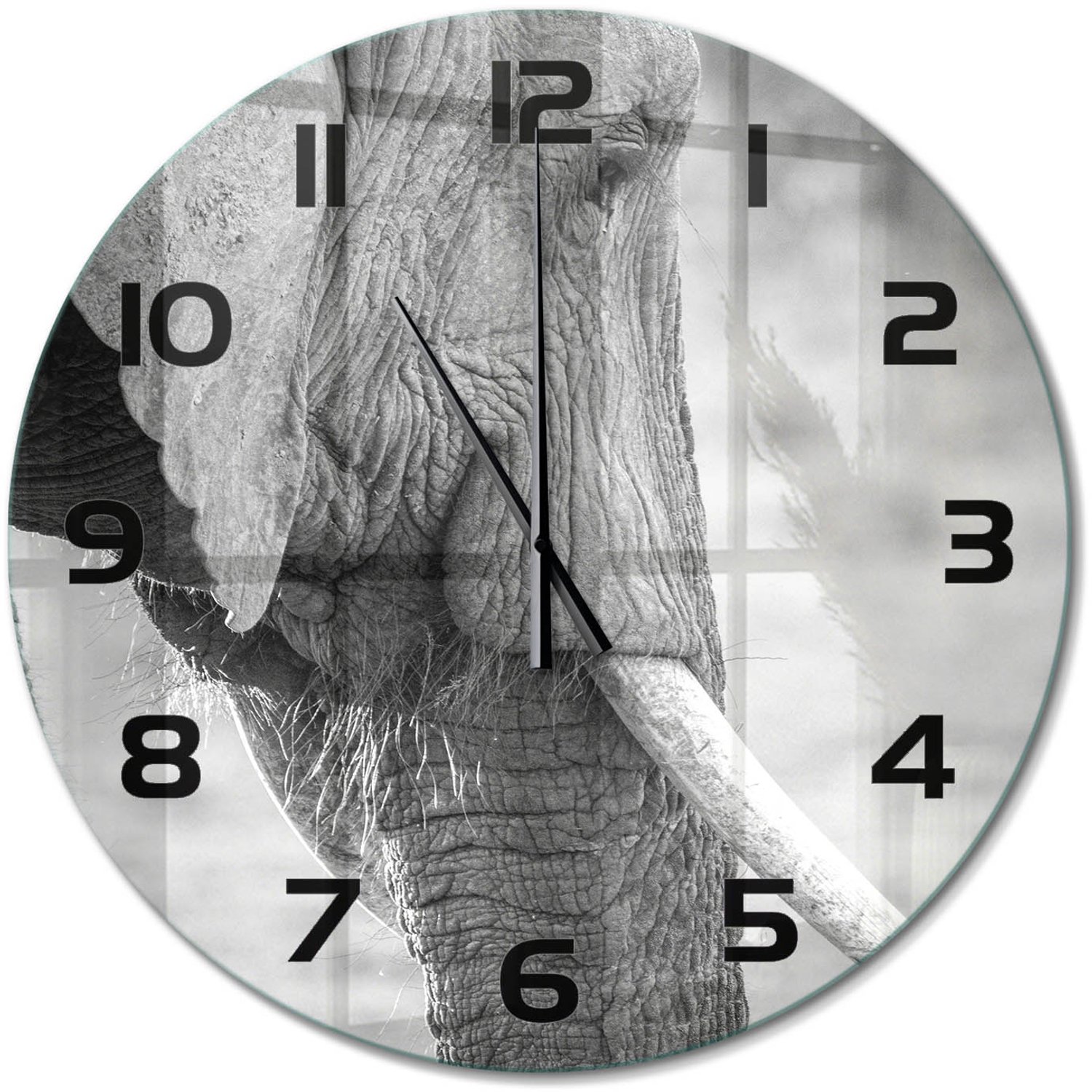 TULUP Wandklok - Olifant Glazen Klok Met Print - fi60 cm - Zwart-wit Wandklok Glas Met Motief - Zwarte handen - Ronde Klok - Wandklok Glas Decoratie - Gekleurde Glazen Klok