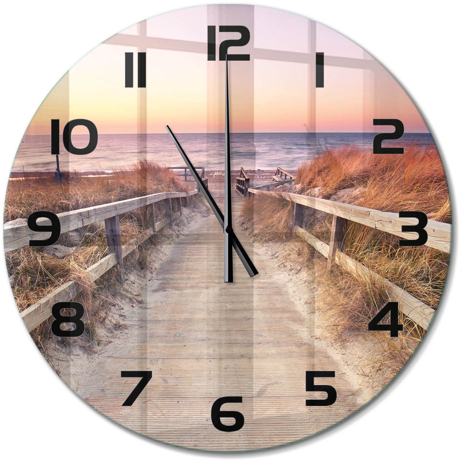 TULUP Wandklok - De weg naar het strand Moderne Wandklok Glas - fi60 cm - Oranje Wandklok Glas Decoratie - Zwarte handen - Ronde Klok - Glazen Wandklok Design - Klok Glas Met Opdruk