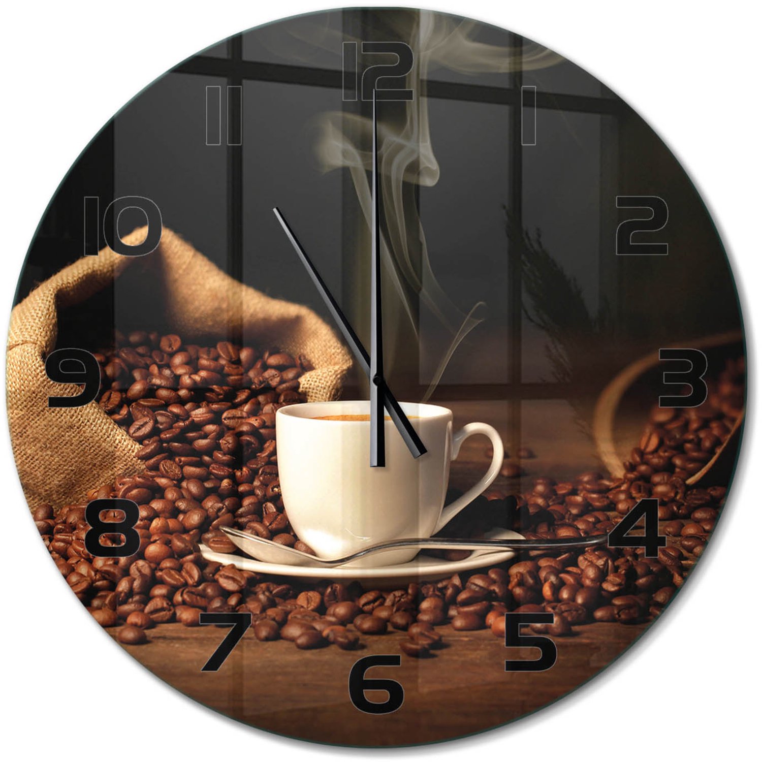 TULUP Wandklok - Koffie in een kopje Glazen Klok Met Print - fi60 cm - Bruin Wandklok Glas Met Motief - Zwarte handen - Ronde Klok - Wandklok Glas Decoratie - Gekleurde Glazen Klok