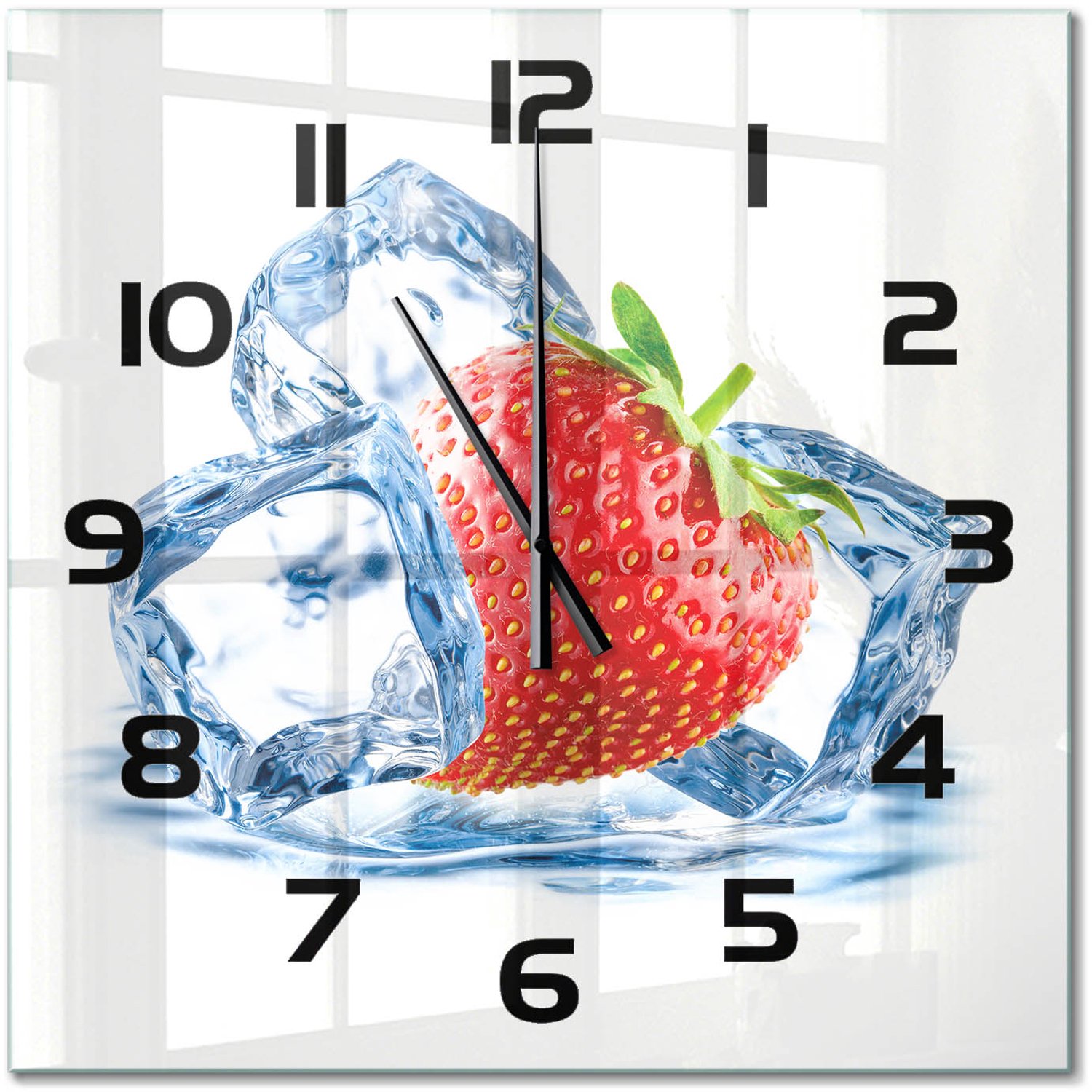 TULUP Wandklok - Aardbei met ijs Klok Glas Met Opdruk - 60x60 cm - Rood Moderne Wandklok Glas - Zwarte handen - Vierkante Klok - Decoratieve Glazen Klok - Glazen Wandklok Design