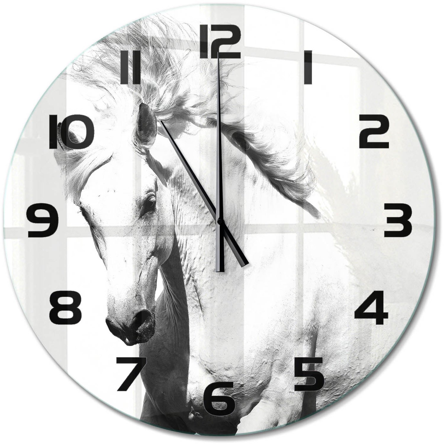 TULUP Wandklok - Wit Paard Klok Glas Met Opdruk - fi60 cm - Wit Moderne Wandklok Glas - Zwarte handen - Ronde Klok - Decoratieve Glazen Klok - Glazen Wandklok Design