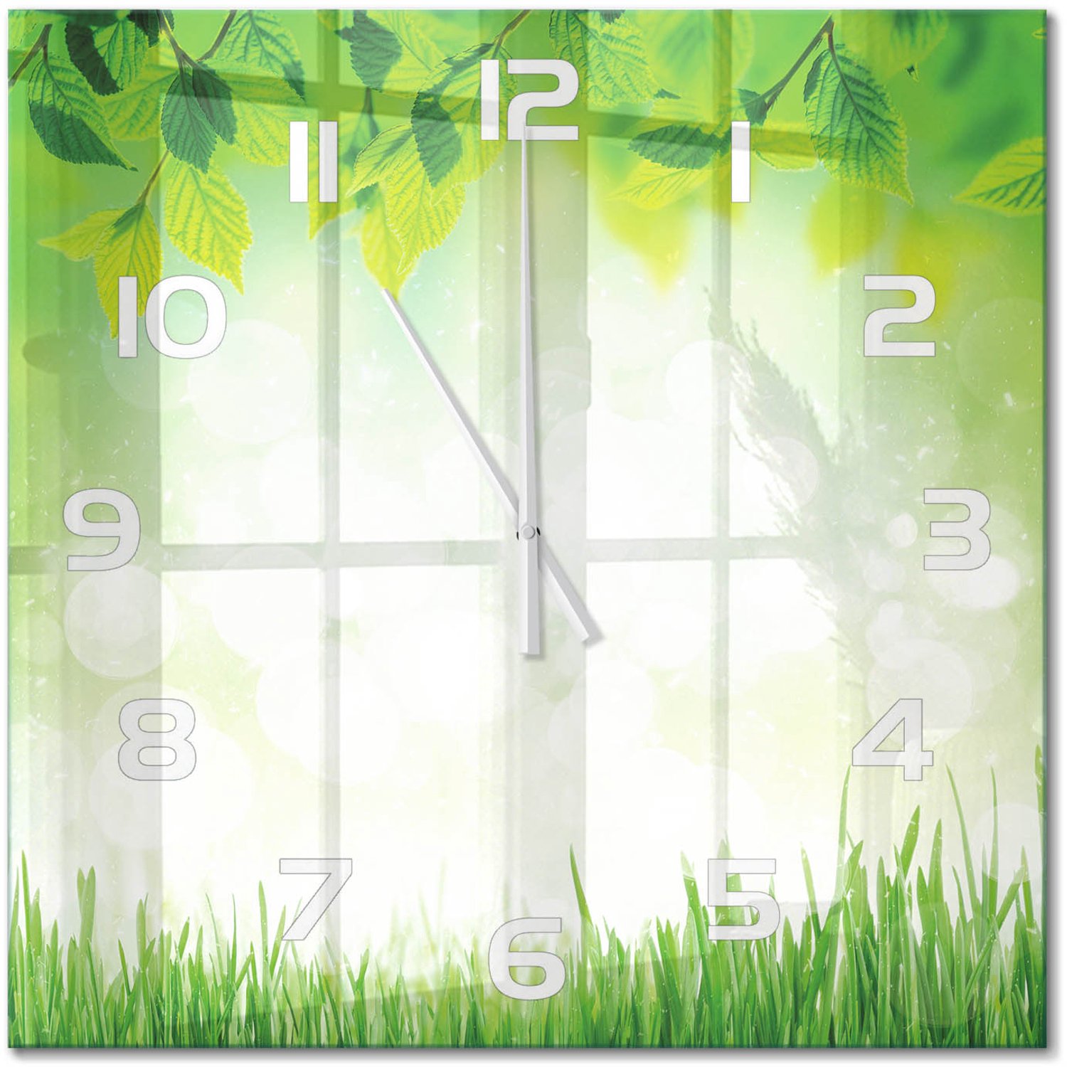 TULUP Wandklok - Bladeren en gras Wandklok Glas Met Motief - 60x60 cm - Groente Decoratieve Glazen Klok - Witte handen - Vierkante Klok - Gekleurde Glazen Klok - Glazen Klok Met Print