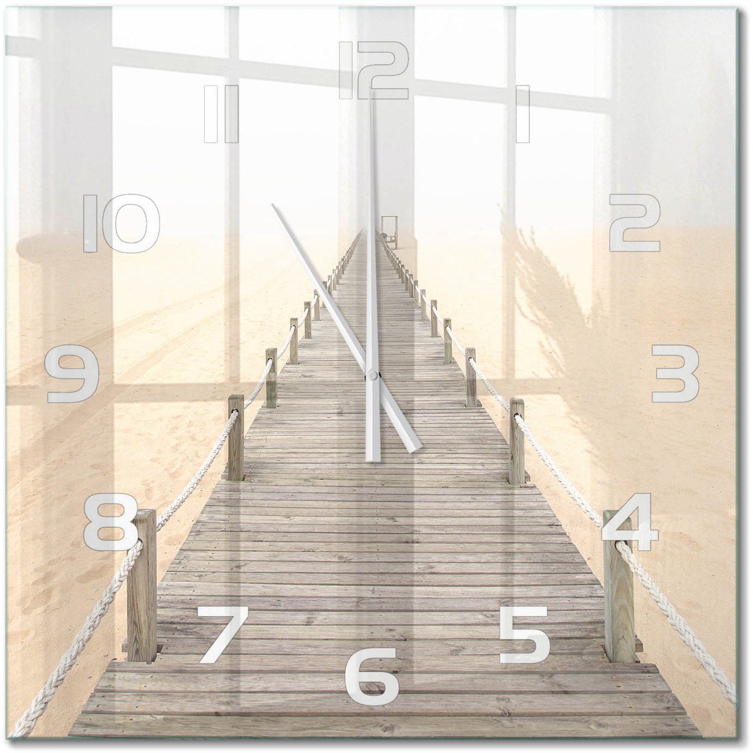 TULUP Wandklok - Strandpad Glazen Klok Met Print - 60x60 cm - Beige Wandklok Glas Met Motief - Witte handen - Vierkante Klok - Wandklok Glas Decoratie - Gekleurde Glazen Klok