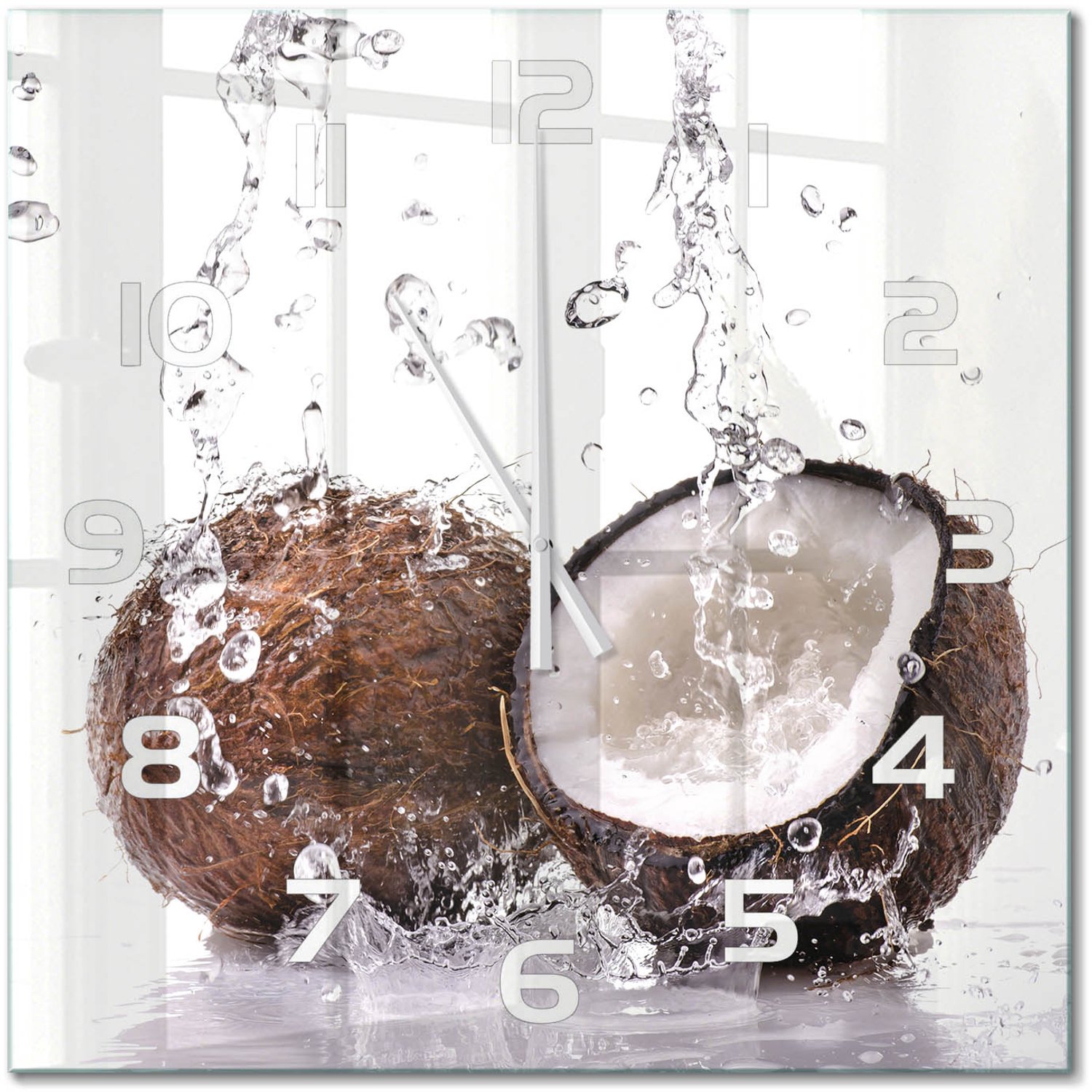 TULUP Wandklok - Kokosnoot en water Gekleurde Glazen Klok - 60x60 cm - Bruin Glazen Klok Met Print - Witte handen - Vierkante Klok - Moderne Wandklok Glas - Wandklok Glas Decoratie