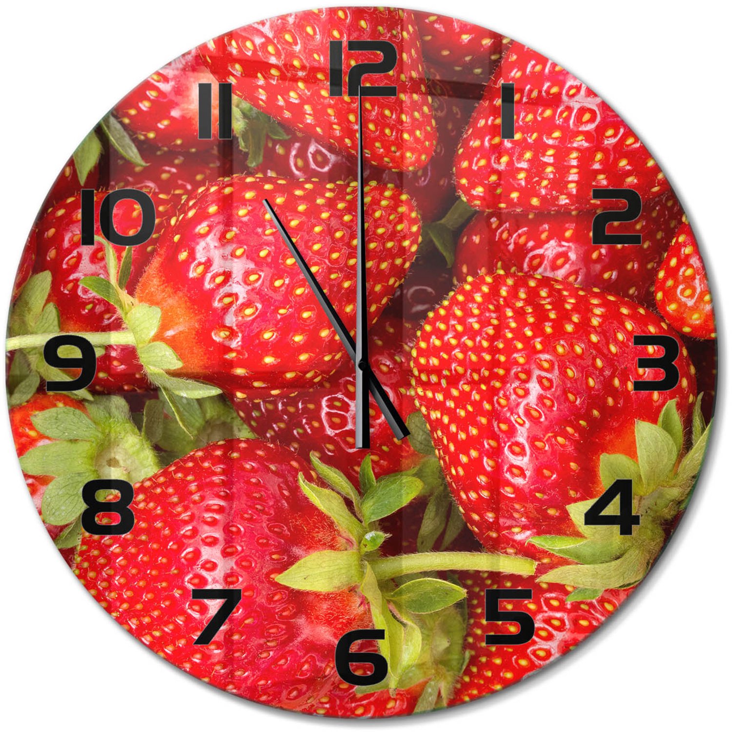 TULUP Wandklok - Aardbeien Gekleurde Glazen Klok - fi60 cm - Rood Glazen Klok Met Print - Zwarte handen - Ronde Klok - Moderne Wandklok Glas - Wandklok Glas Decoratie