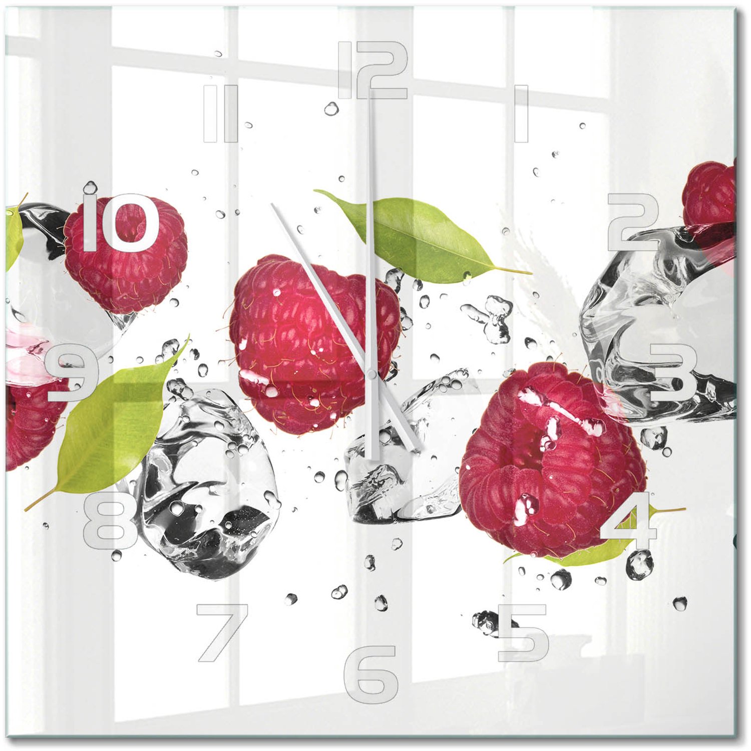TULUP Wandklok - Framboos en water Decoratieve Glazen Klok - 60x60 cm - Roze Glazen Wandklok Design - Witte handen - Vierkante Klok - Glazen Klok Met Print - Wandklok Glas Met Motief