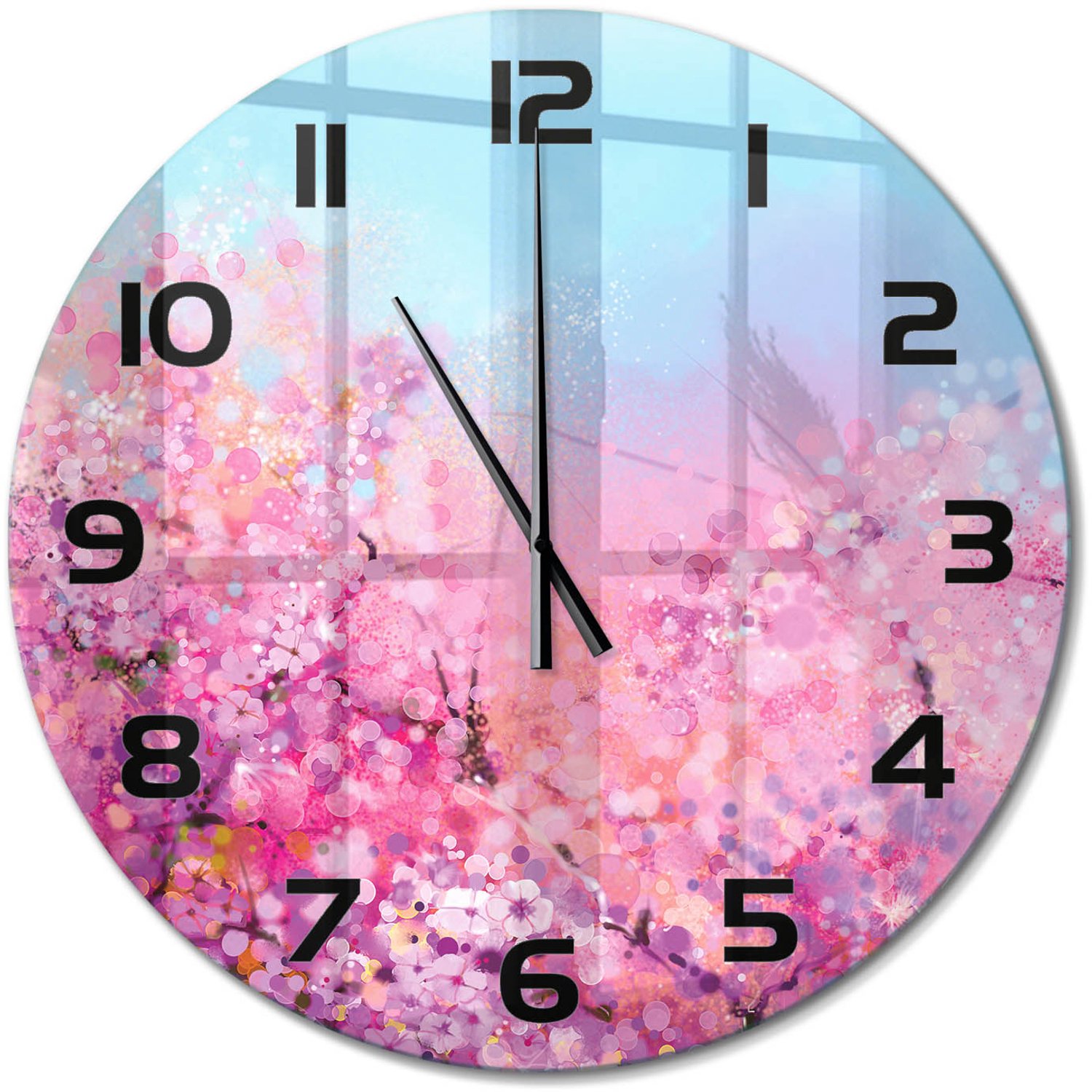 TULUP Wandklok - Kersenbloesem Moderne Wandklok Glas - fi60 cm - Roze Wandklok Glas Decoratie - Zwarte handen - Ronde Klok - Glazen Wandklok Design - Klok Glas Met Opdruk