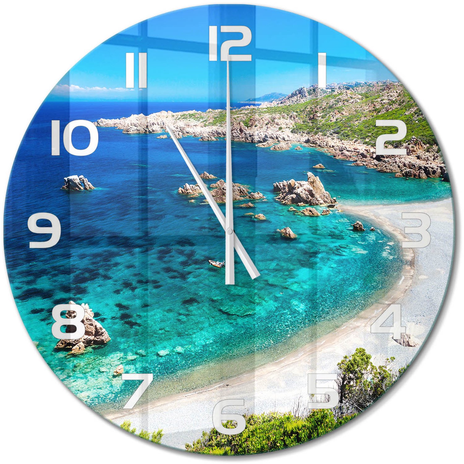 TULUP Wandklok - Baai Wandklok Glas Met Motief - fi60 cm - Blauw Decoratieve Glazen Klok - Witte handen - Ronde Klok - Gekleurde Glazen Klok - Glazen Klok Met Print
