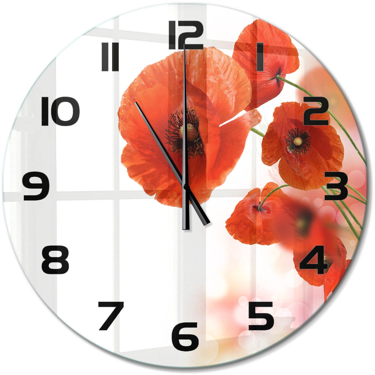 TULUP Wandklok - Klaprozen Wandklok Glas Decoratie - fi60 cm - Rood Gekleurde Glazen Klok - Zwarte handen - Ronde Klok - Klok Glas Met Opdruk - Moderne Wandklok Glas