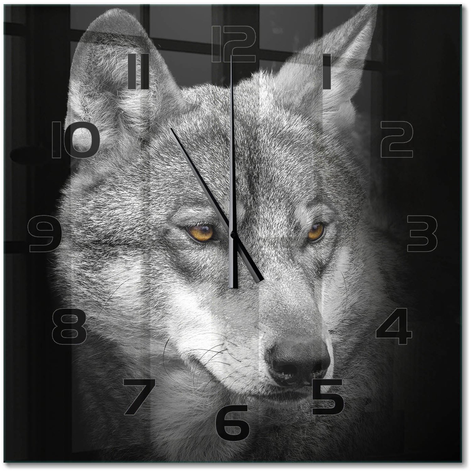 TULUP Wandklok - Wolf Glazen Klok Met Print - 60x60 cm - Grijs Wandklok Glas Met Motief - Zwarte handen - Vierkante Klok - Wandklok Glas Decoratie - Gekleurde Glazen Klok