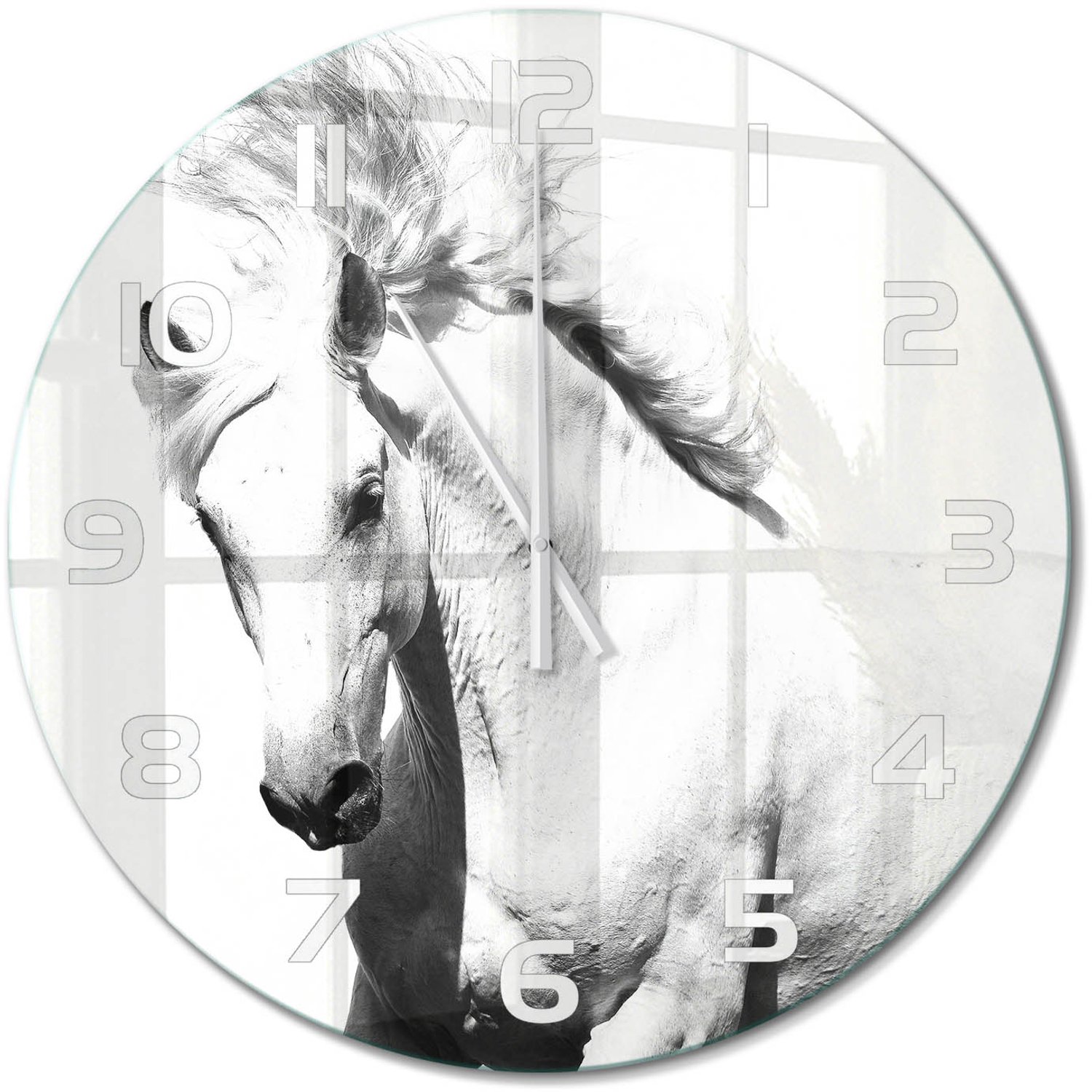 TULUP Wandklok - Wit Paard Wandklok Glas Met Motief - fi60 cm - Wit Decoratieve Glazen Klok - Witte handen - Ronde Klok - Gekleurde Glazen Klok - Glazen Klok Met Print