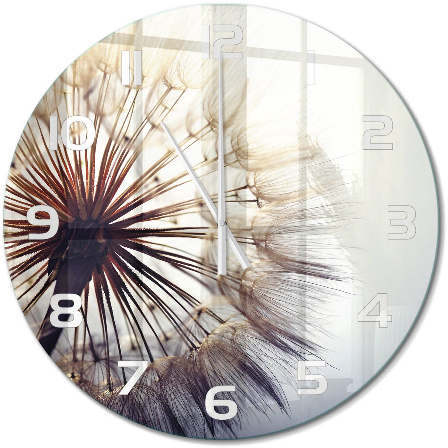 TULUP Wandklok - Paardebloem Wandklok Glas Met Motief - fi60 cm - Wit Decoratieve Glazen Klok - Witte handen - Ronde Klok - Gekleurde Glazen Klok - Glazen Klok Met Print