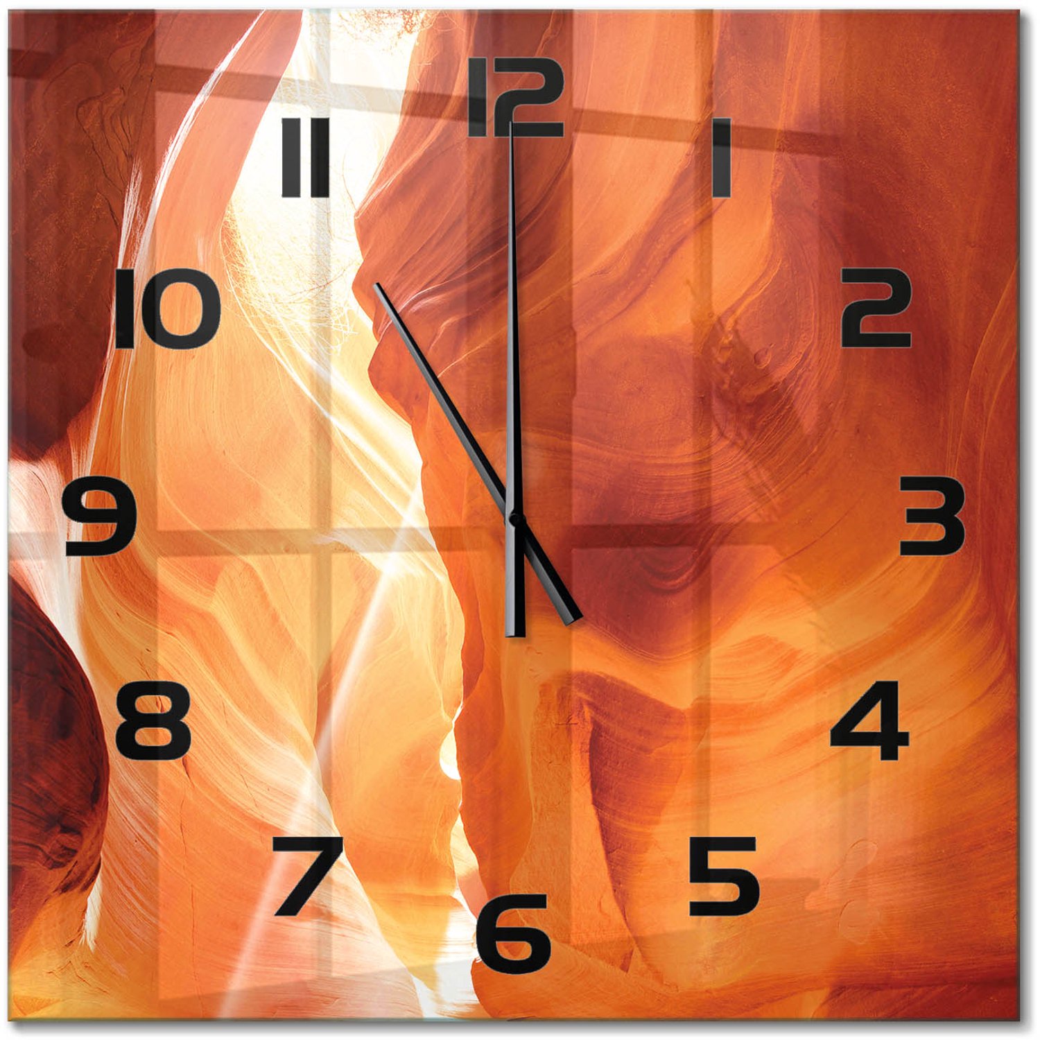 TULUP Wandklok - Canyon Wandklok Glas Met Motief - 60x60 cm - Oranje Decoratieve Glazen Klok - Zwarte handen - Vierkante Klok - Gekleurde Glazen Klok - Glazen Klok Met Print
