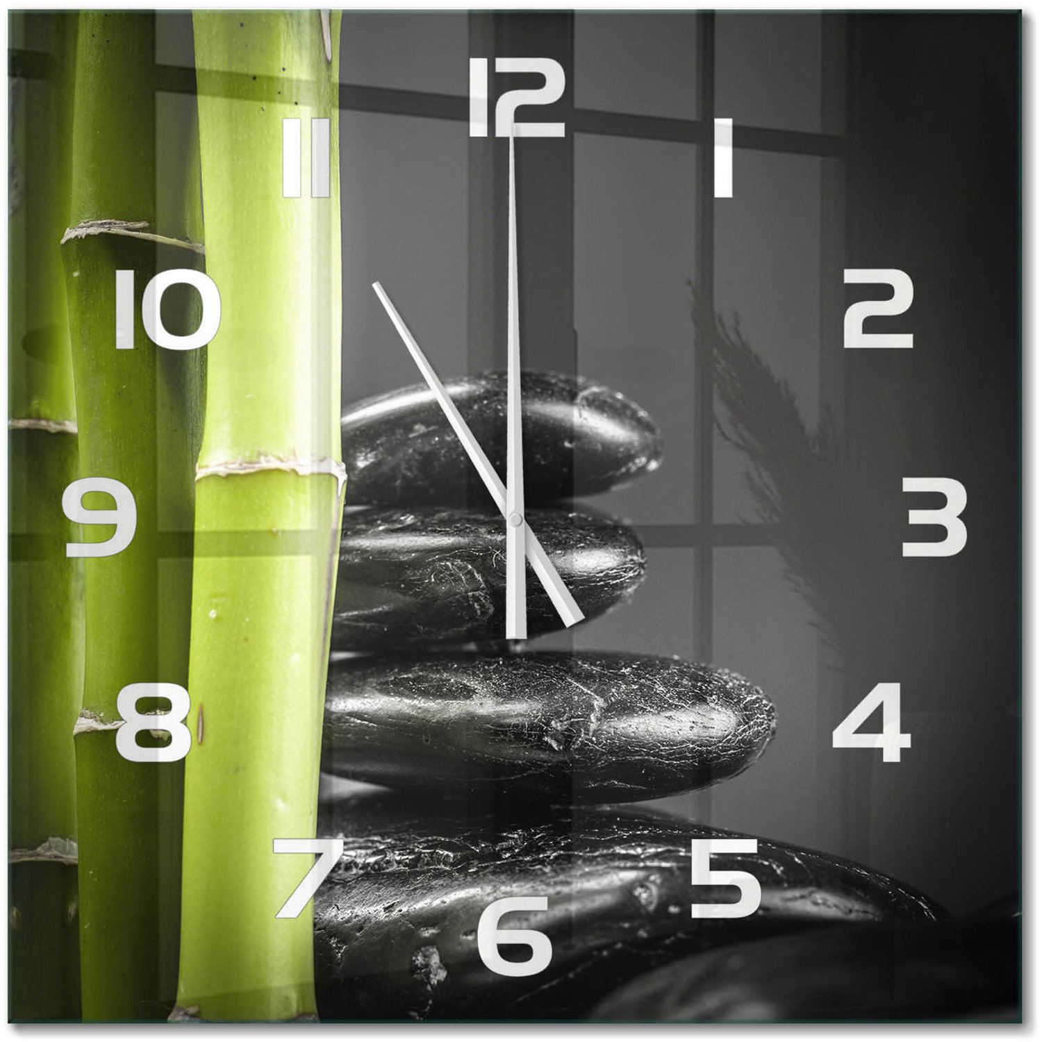 TULUP Wandklok - Bamboe Glazen Klok Met Print - 60x60 cm - Zwart Wandklok Glas Met Motief - Witte handen - Vierkante Klok - Wandklok Glas Decoratie - Gekleurde Glazen Klok