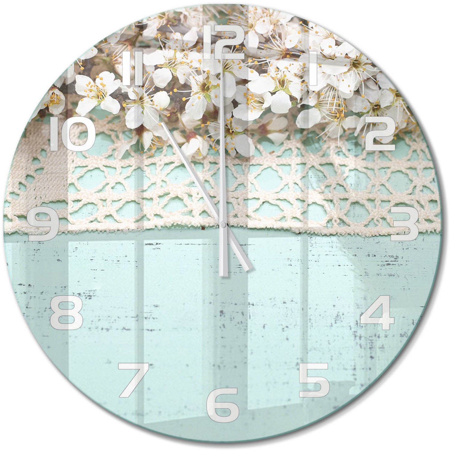 TULUP Wandklok - Kersenbloesem Wandklok Glas Decoratie - fi60 cm - Beige Gekleurde Glazen Klok - Witte handen - Ronde Klok - Klok Glas Met Opdruk - Moderne Wandklok Glas