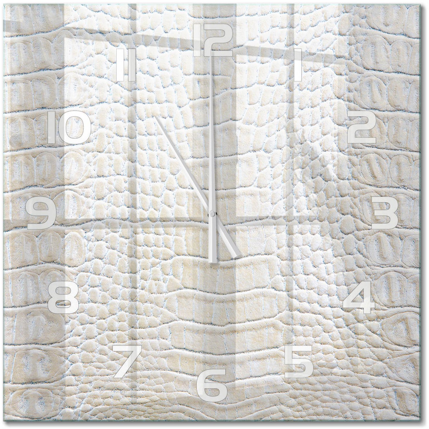 TULUP Wandklok - Krokodillenhuid Gekleurde Glazen Klok - 60x60 cm - Beige Glazen Klok Met Print - Witte handen - Vierkante Klok - Moderne Wandklok Glas - Wandklok Glas Decoratie