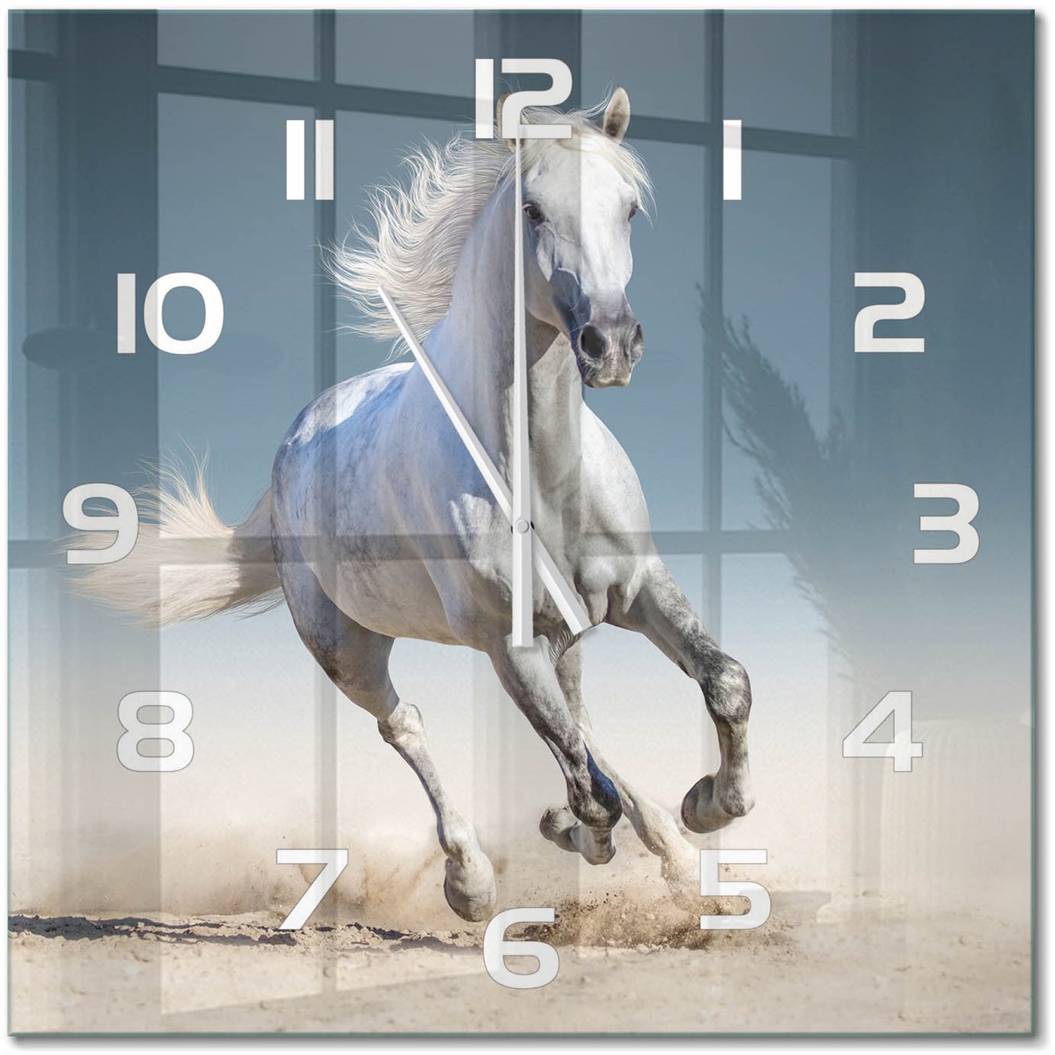 TULUP Wandklok - Galopperend grijs paard Glazen Klok Met Print - 60x60 cm - Wit Wandklok Glas Met Motief - Witte handen - Vierkante Klok - Wandklok Glas Decoratie - Gekleurde Glazen Klok