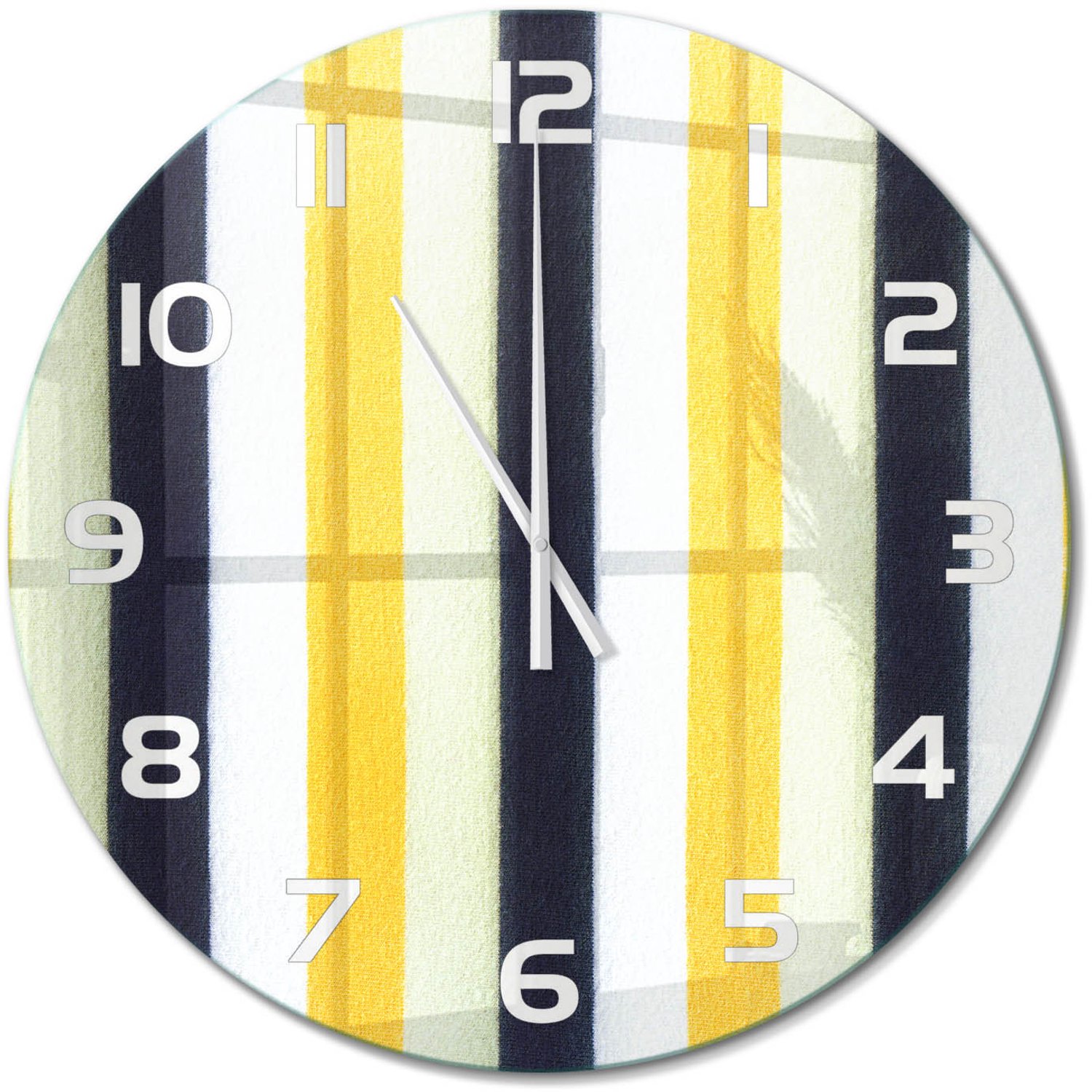TULUP Wandklok - Gestreepte achtergrond Gekleurde Glazen Klok - fi60 cm - Geel Glazen Klok Met Print - Witte handen - Ronde Klok - Moderne Wandklok Glas - Wandklok Glas Decoratie