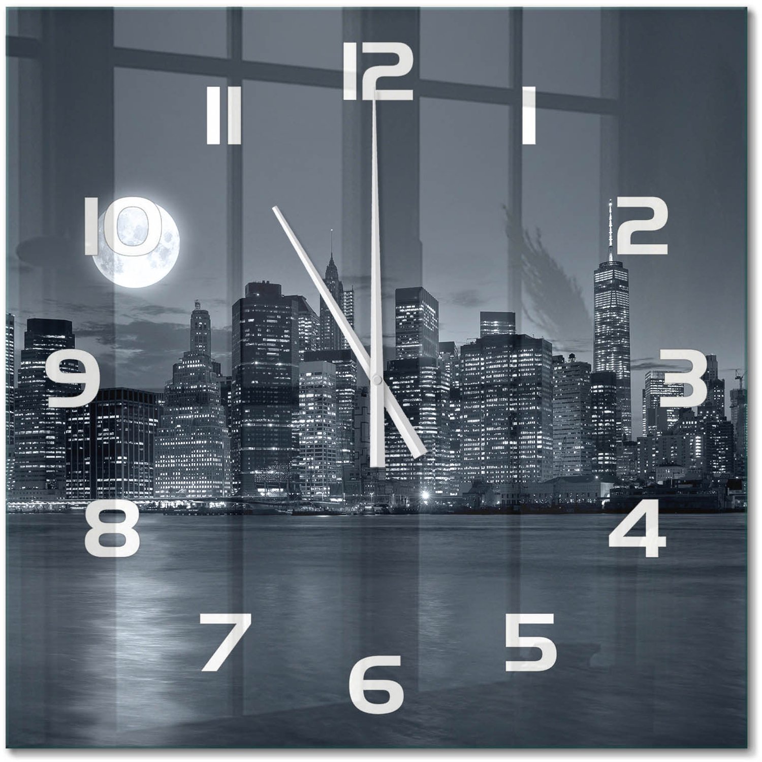 TULUP Wandklok - New York 's nachts Klok Glas Met Opdruk - 60x60 cm - Zwart-wit Moderne Wandklok Glas - Witte handen - Vierkante Klok - Decoratieve Glazen Klok - Glazen Wandklok Design