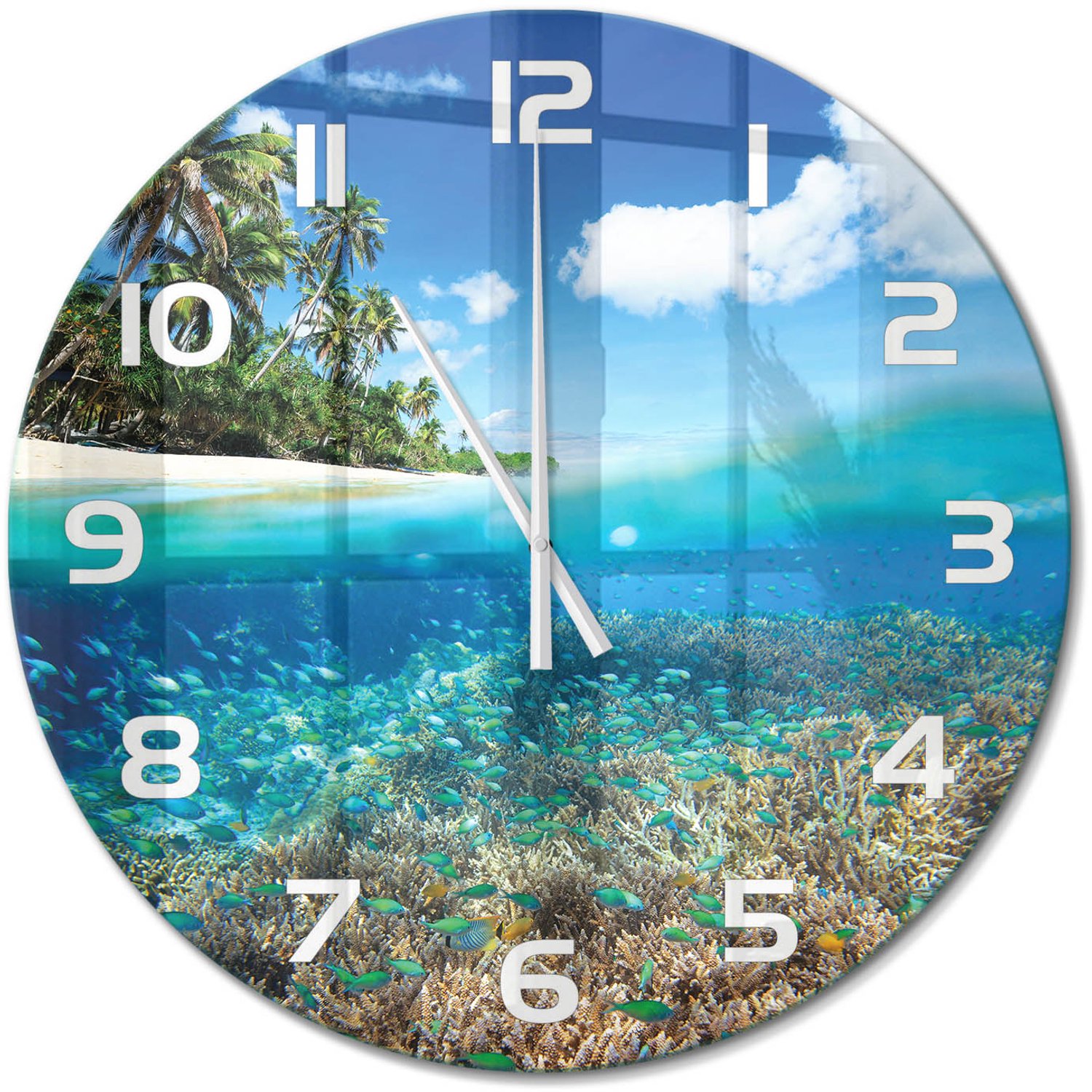 TULUP Wandklok - Koraalrif Klok Glas Met Opdruk - fi60 cm - Blauw Moderne Wandklok Glas - Witte handen - Ronde Klok - Decoratieve Glazen Klok - Glazen Wandklok Design