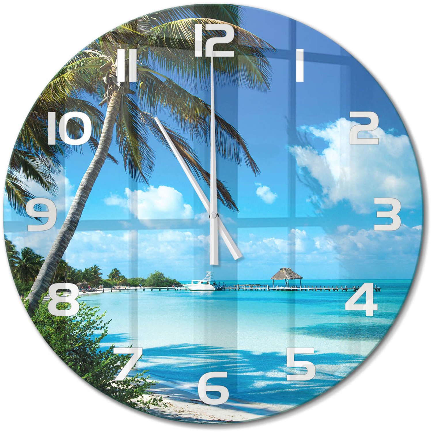 TULUP Wandklok - Tropisch strand Wandklok Glas Met Motief - fi60 cm - Blauw Decoratieve Glazen Klok - Witte handen - Ronde Klok - Gekleurde Glazen Klok - Glazen Klok Met Print