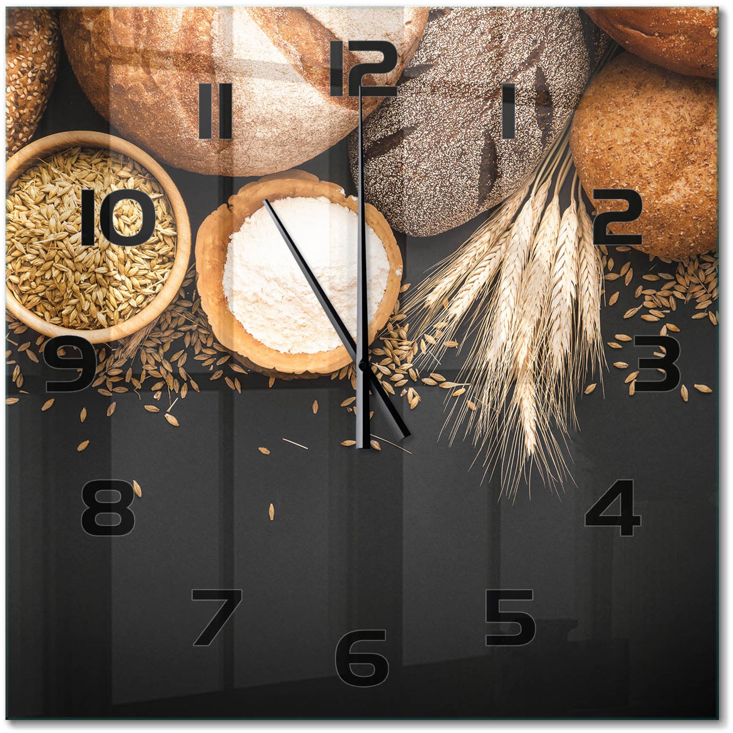 TULUP Wandklok - Brood en tarwe Decoratieve Glazen Klok - 60x60 cm - Bruin Glazen Wandklok Design - Zwarte handen - Vierkante Klok - Glazen Klok Met Print - Wandklok Glas Met Motief