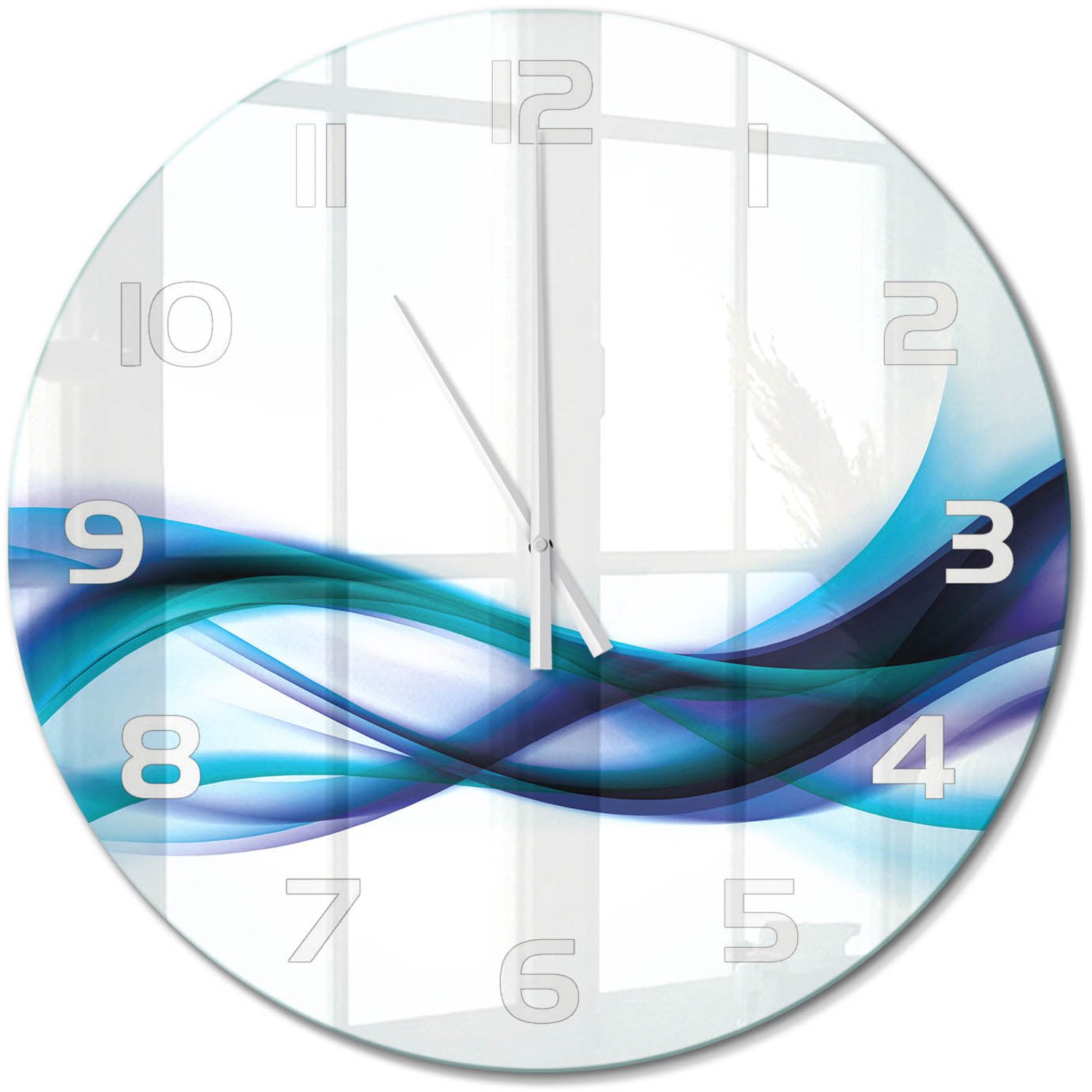 TULUP Wandklok - Golfabstractie Moderne Wandklok Glas - fi60 cm - Blauw Wandklok Glas Decoratie - Witte handen - Ronde Klok - Glazen Wandklok Design - Klok Glas Met Opdruk