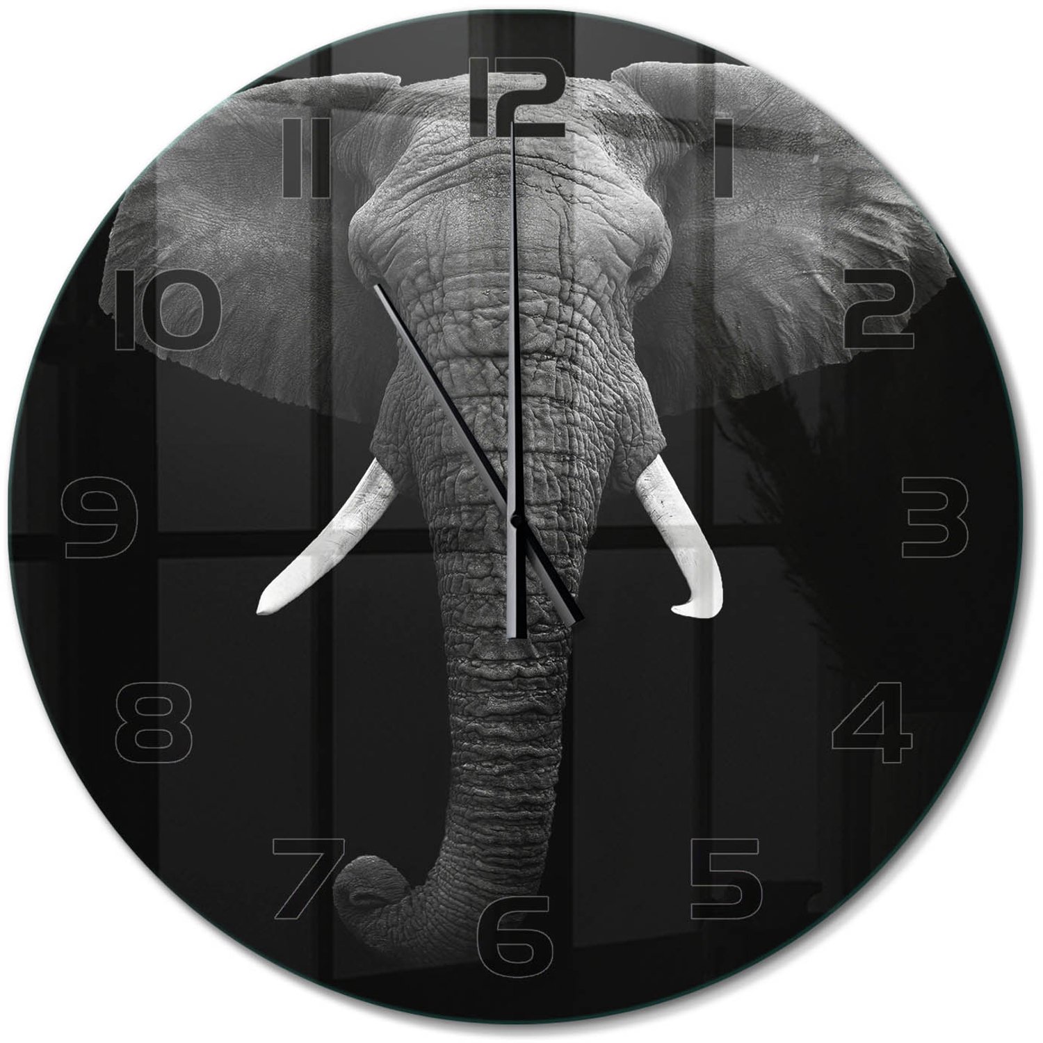 TULUP Wandklok - Afrikaanse olifant Glazen Klok Met Print - fi60 cm - Zwart-wit Wandklok Glas Met Motief - Zwarte handen - Ronde Klok - Wandklok Glas Decoratie - Gekleurde Glazen Klok