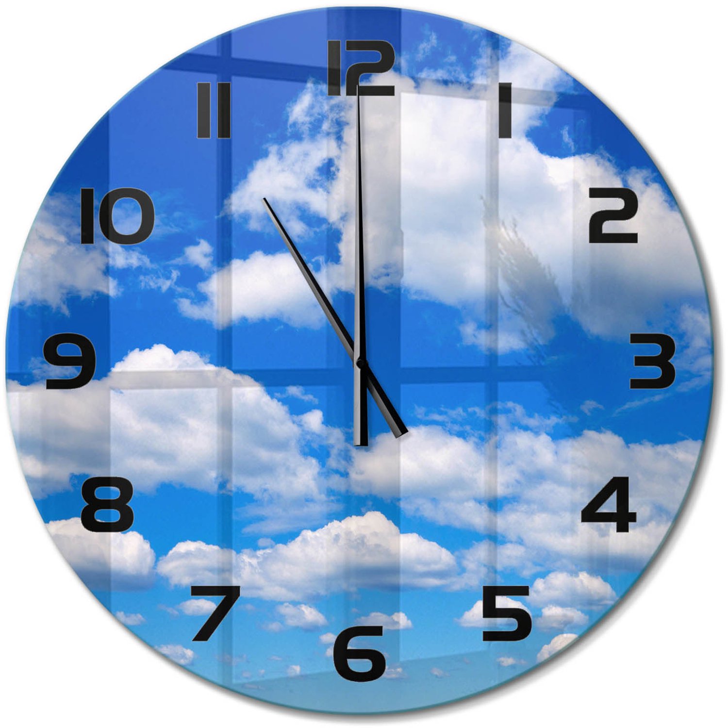 TULUP Wandklok - Wolken aan de hemel Gekleurde Glazen Klok - fi60 cm - Blauw Glazen Klok Met Print - Zwarte handen - Ronde Klok - Moderne Wandklok Glas - Wandklok Glas Decoratie